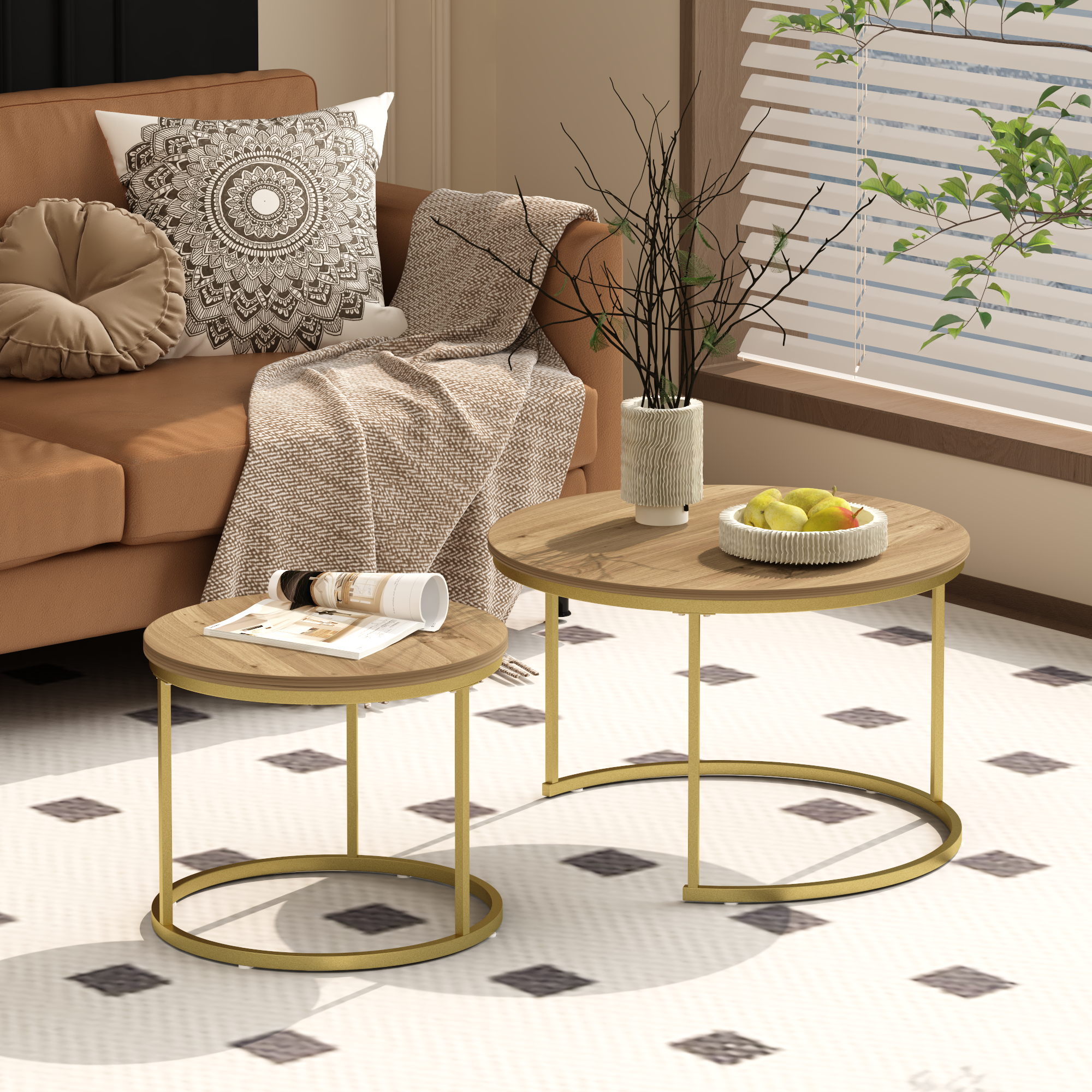 Ensemble 2 tables gigognes café 27,6po, marbre, cadre métal, brun