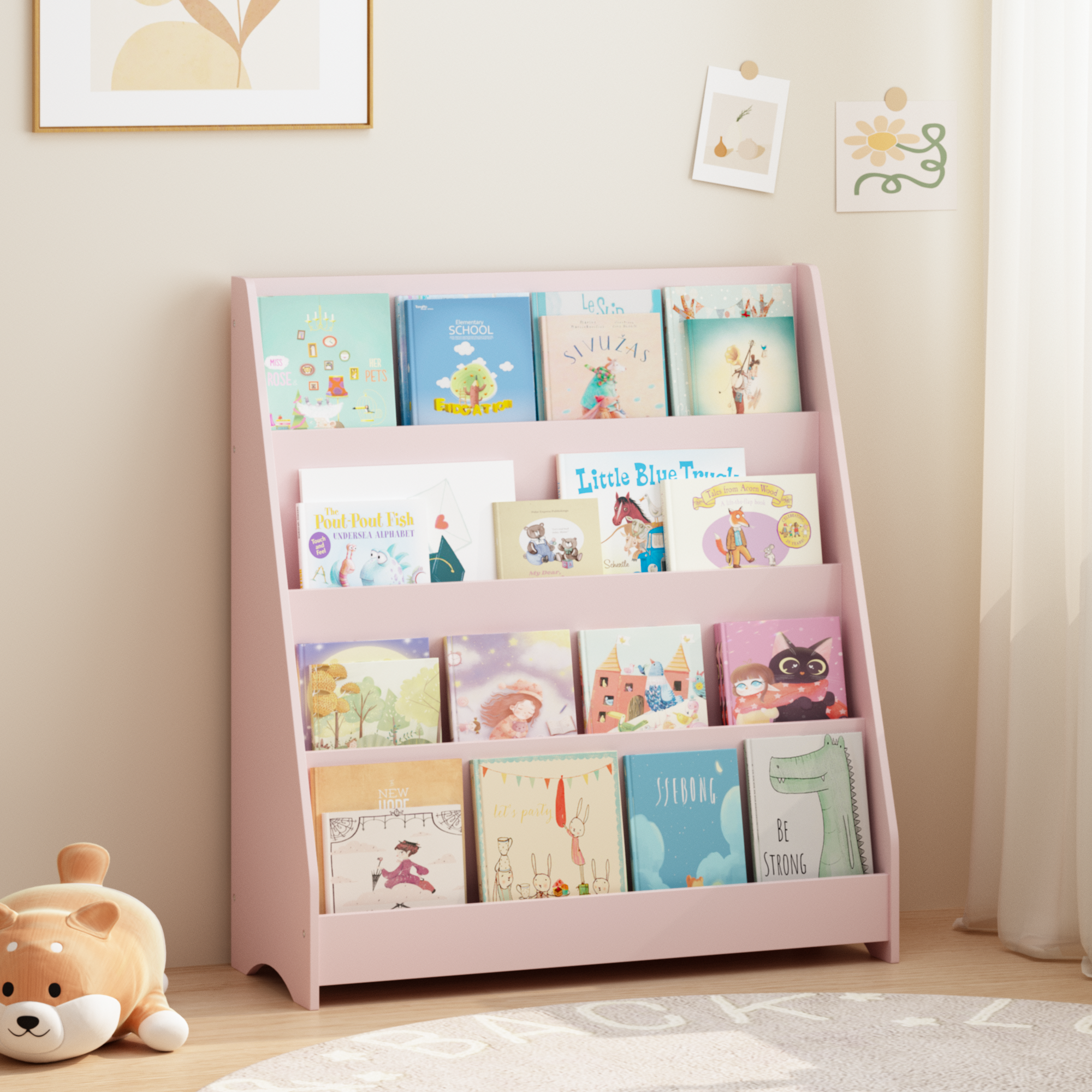 Bibliothèque 4 étages enfants rose MDF