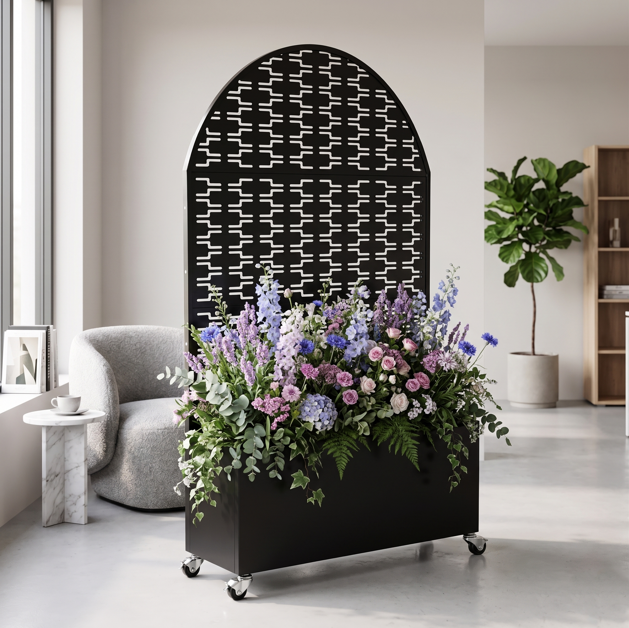 Paravent décoratif arqué 70.87 po, jardinière métal