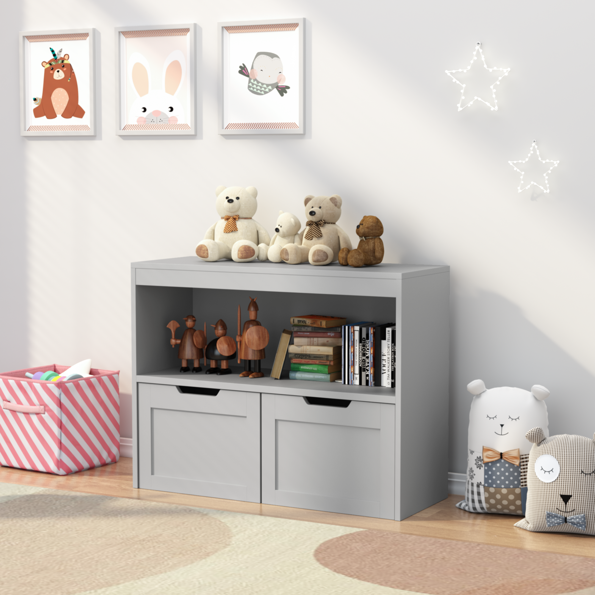 Organisateur livres cabinet rangement jouets gris