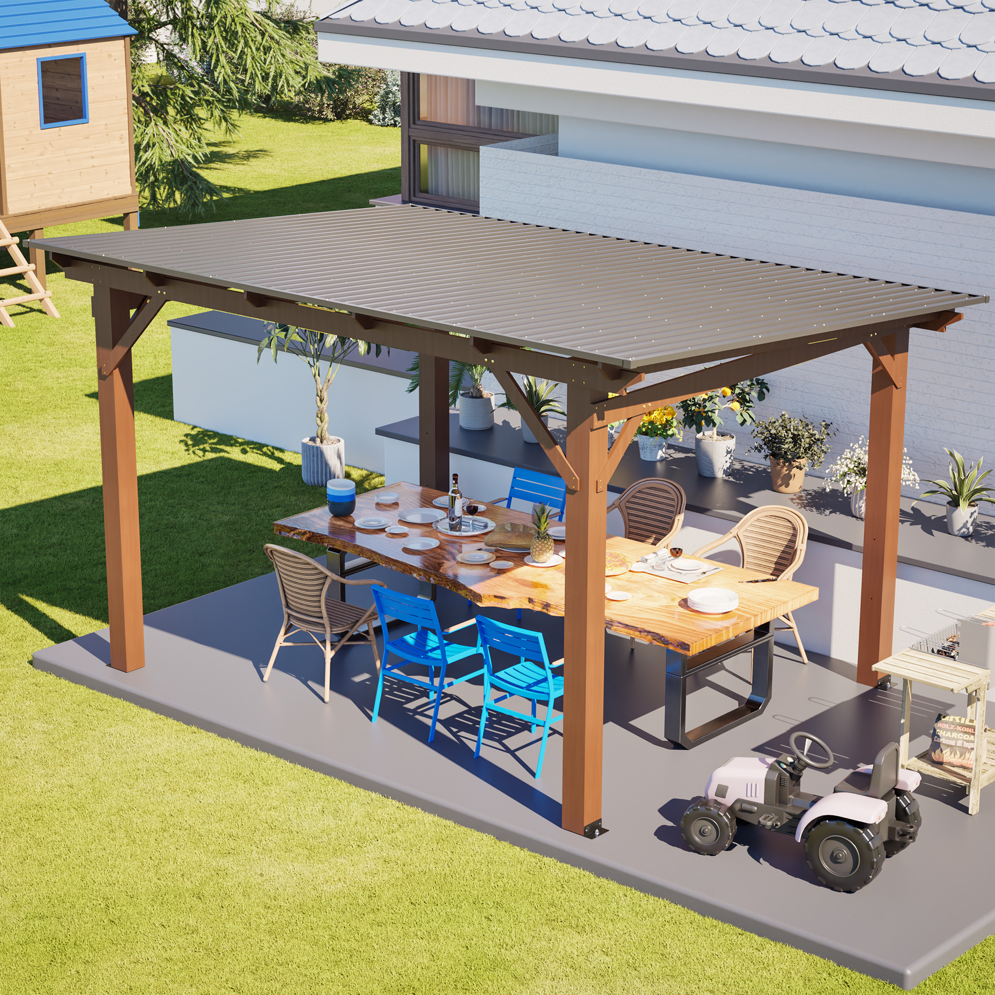 Gazébo jardin bois 13x10 pi toit métal terrasse