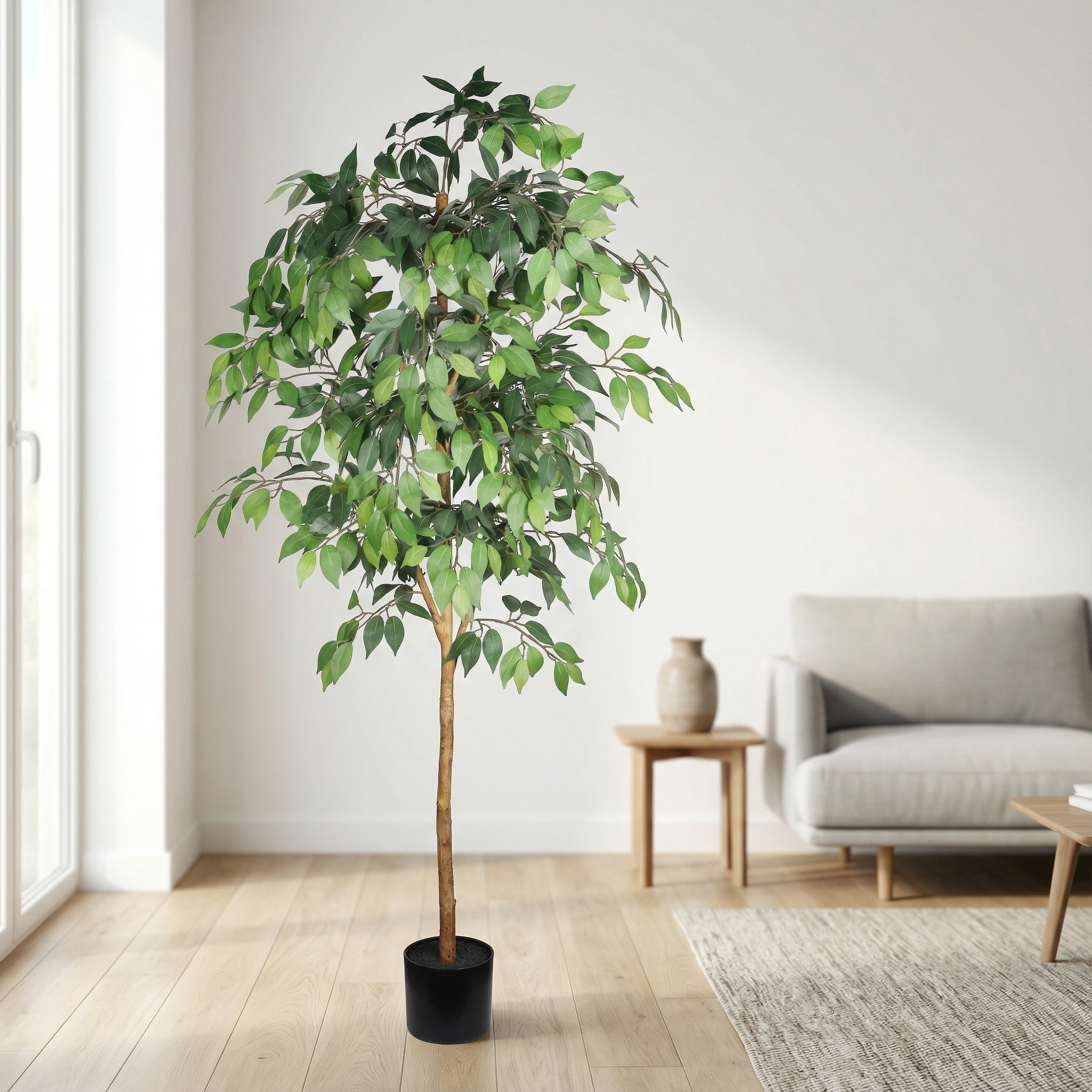 Ficus artificiel 6pi, tronc naturel, pot noir