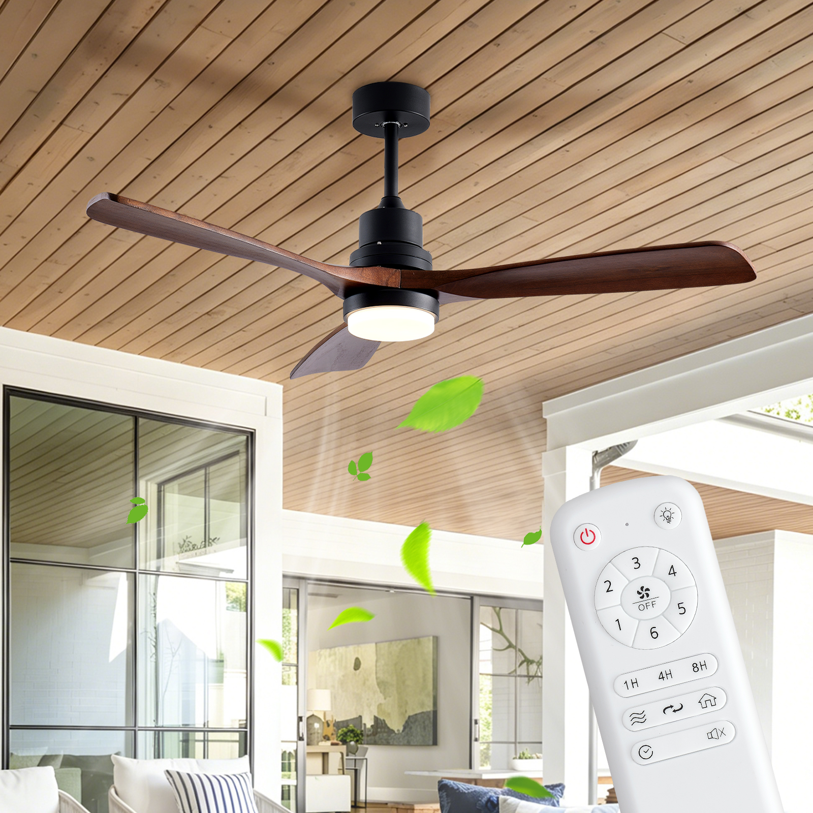 Ventilateur plafond 52" bois télécommande éclairage noir/noyer