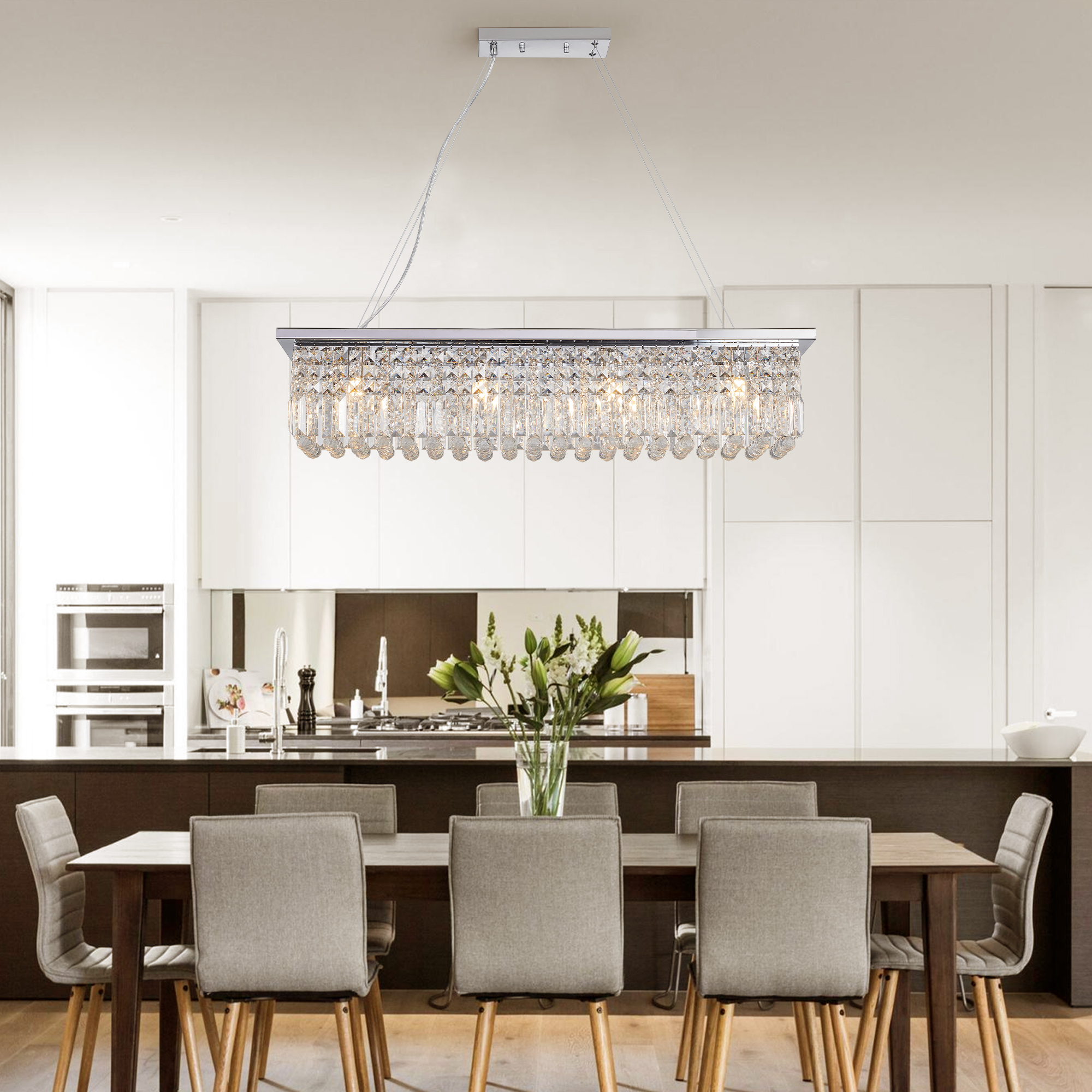 Lustre cristal moderne 8 lumières salle à manger rectangle blanc