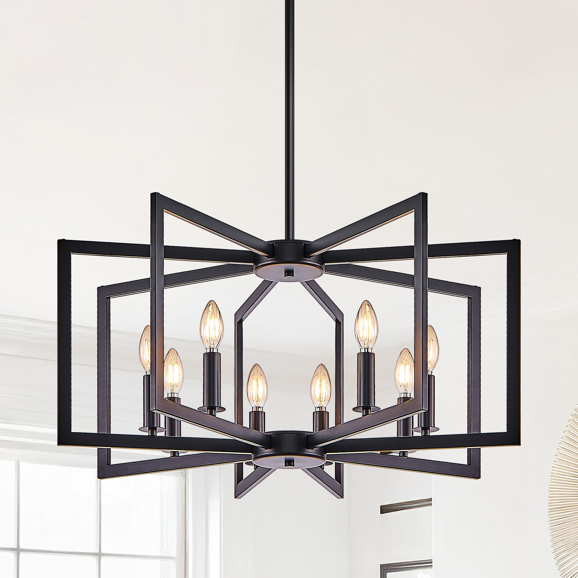 Lustre géométrique noir 8 lumières 27po style industriel