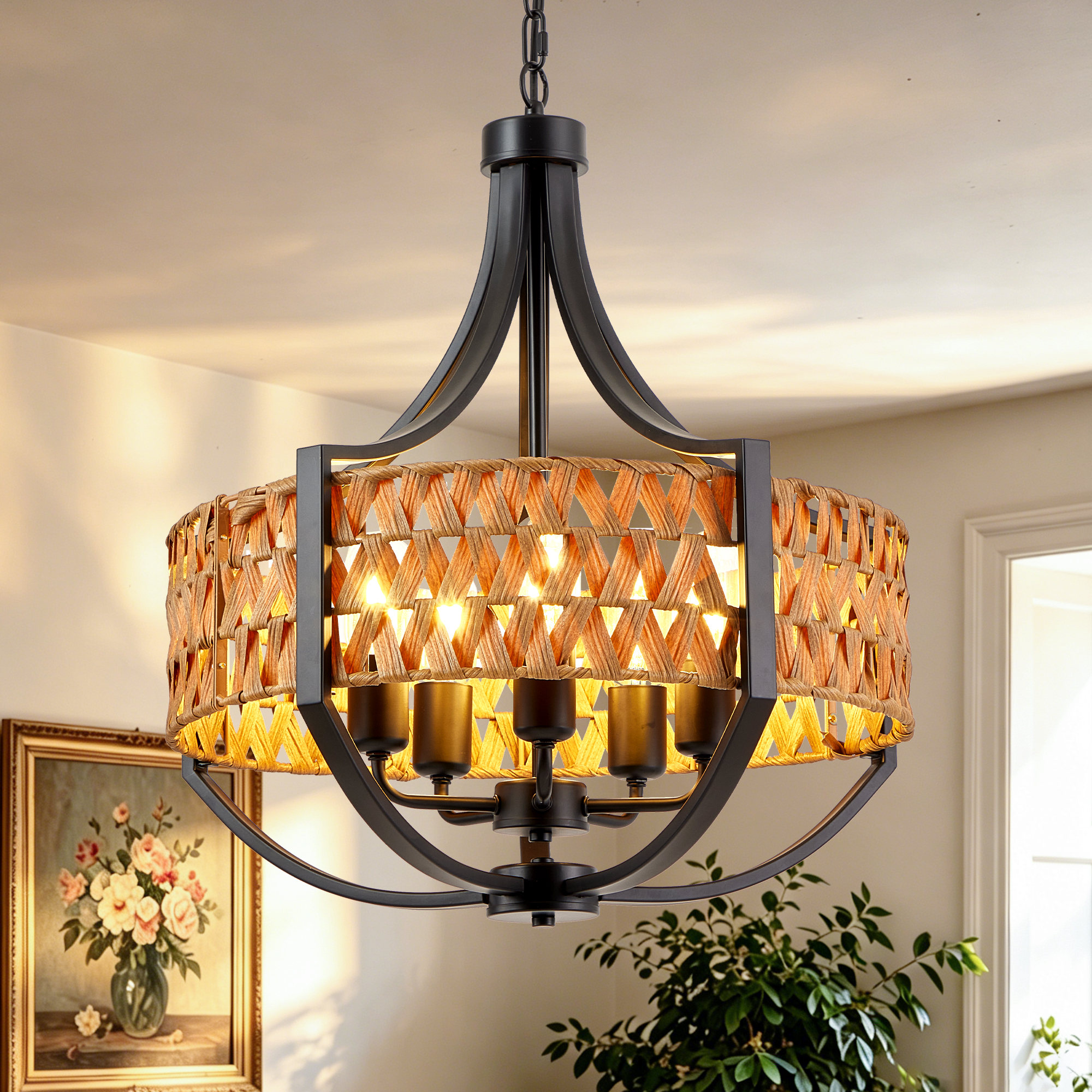 Lustre rotin 19,7po 5 lumières, abat-jour naturel