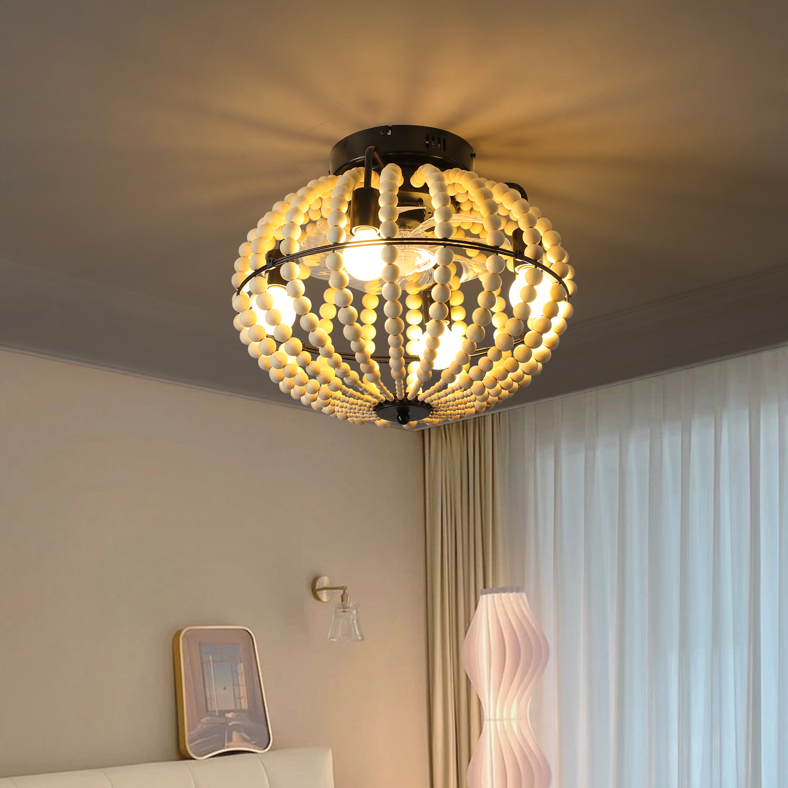 Ventilateur plafond 18" bohémien bois perles, montage affleurant
