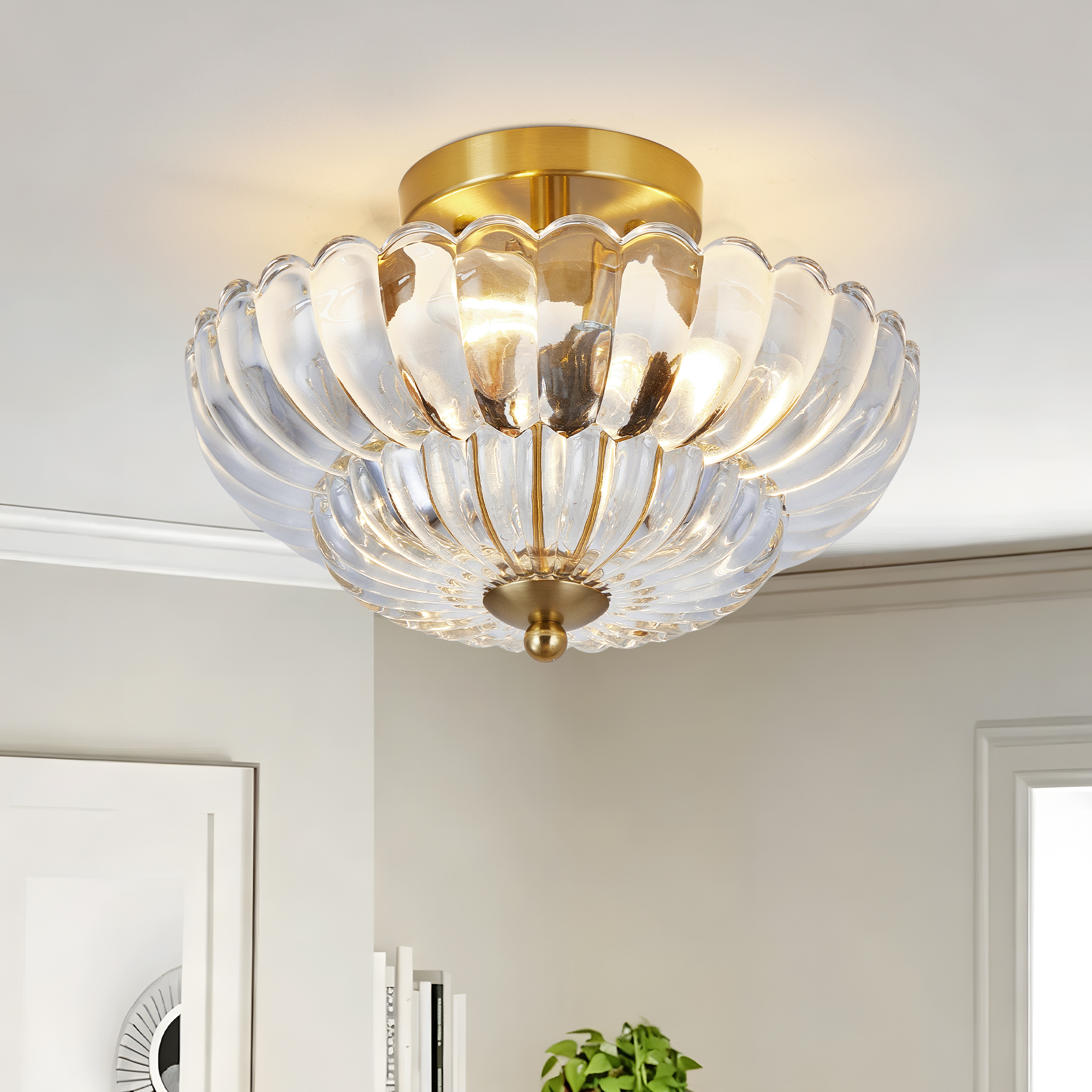 Plafonnier semi-encastré 11,8 po, 3 lumières, verre fleur, clair