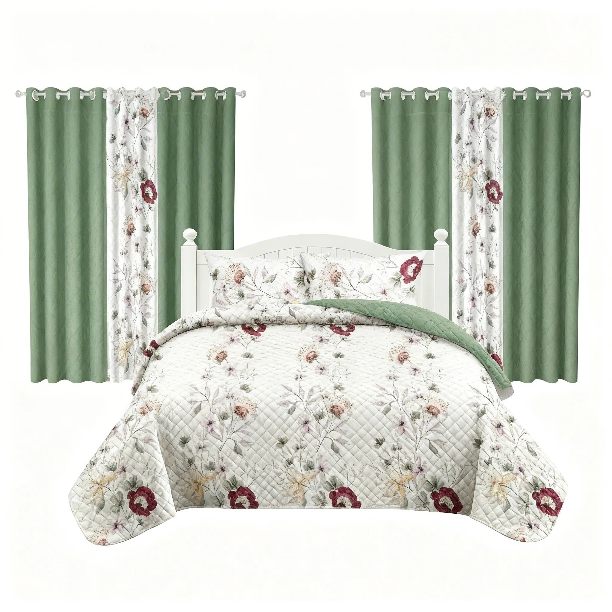 Ensemble literie 9 pcs vert sauge botanique rideau