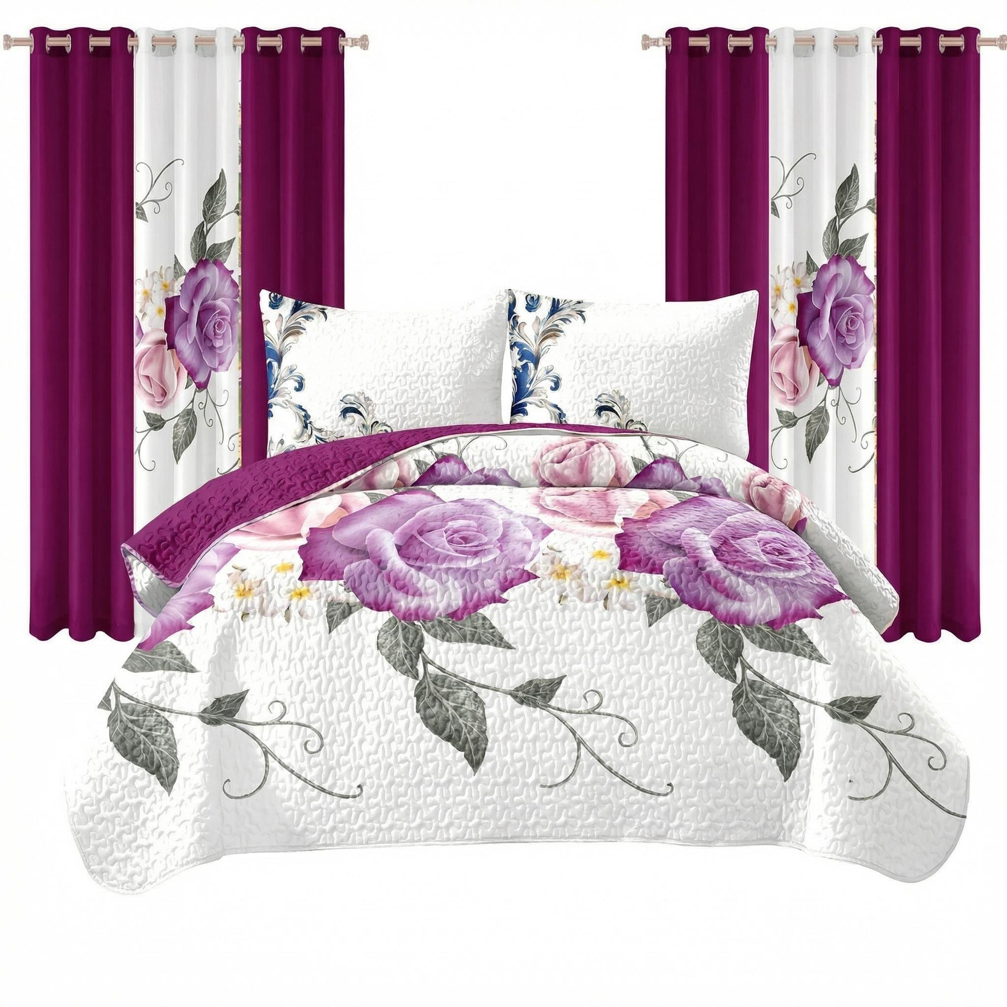 Ensemble literie 9 pcs magenta rose floral rideau