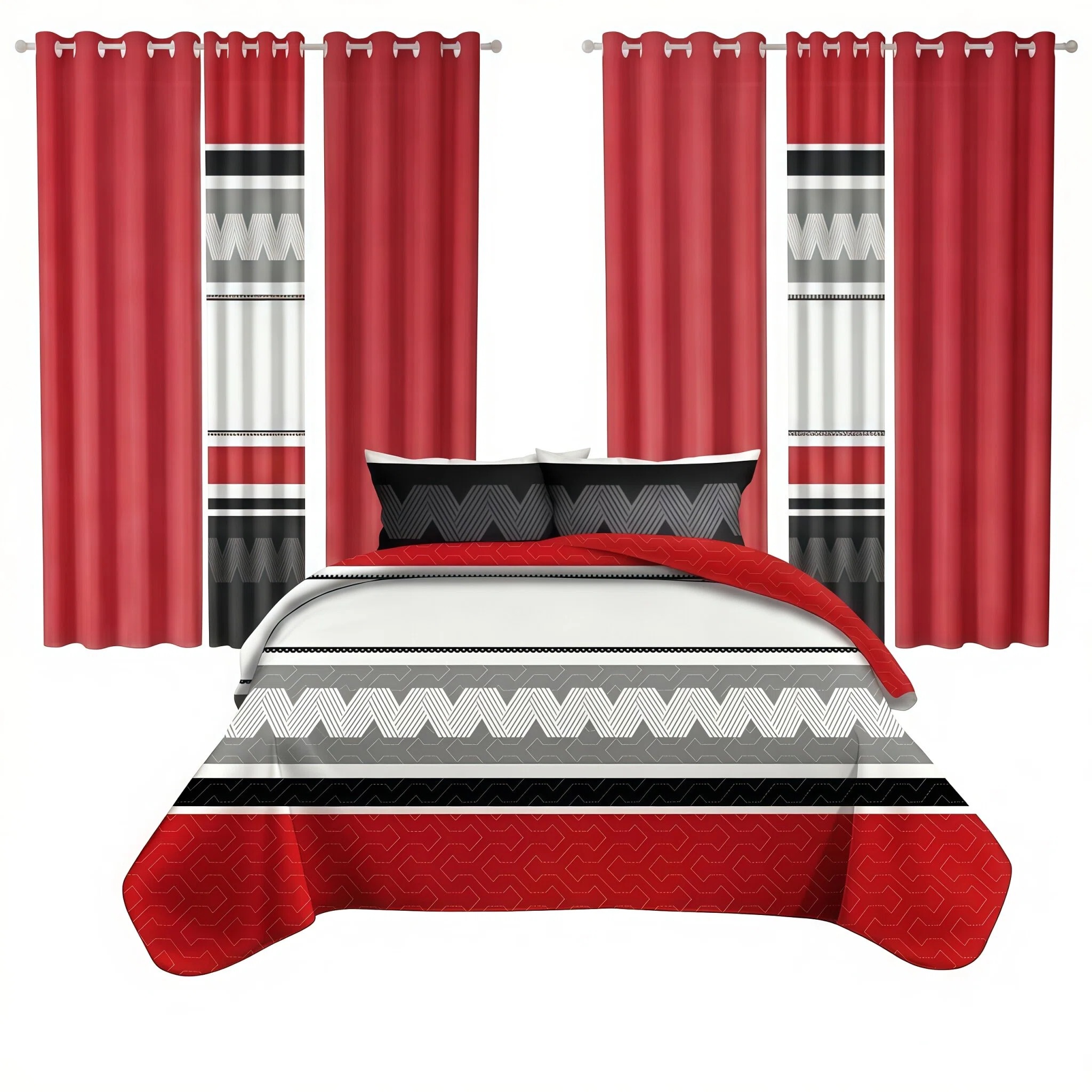 Ensemble literie 9 pcs rouge noir géométrique rideau