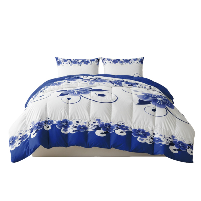 Ensemble couette 3 pièces motif floral bleu et blanc, fermeture éclair