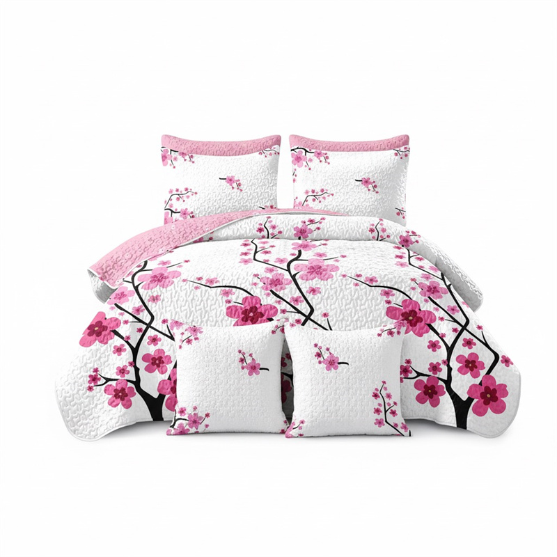 Courtepointe floral rose 5 pcs taies coussins microfibre