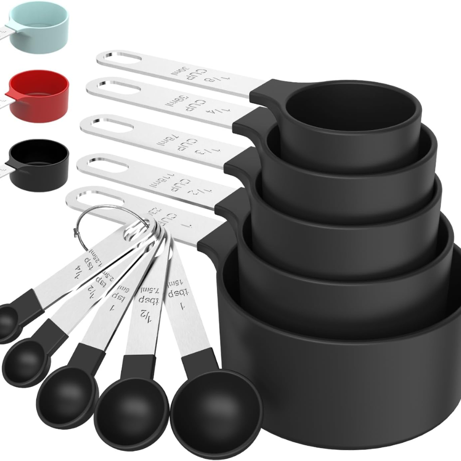 Ensemble tasses mesure emboîtables noires poignées acier inoxydable cuisine