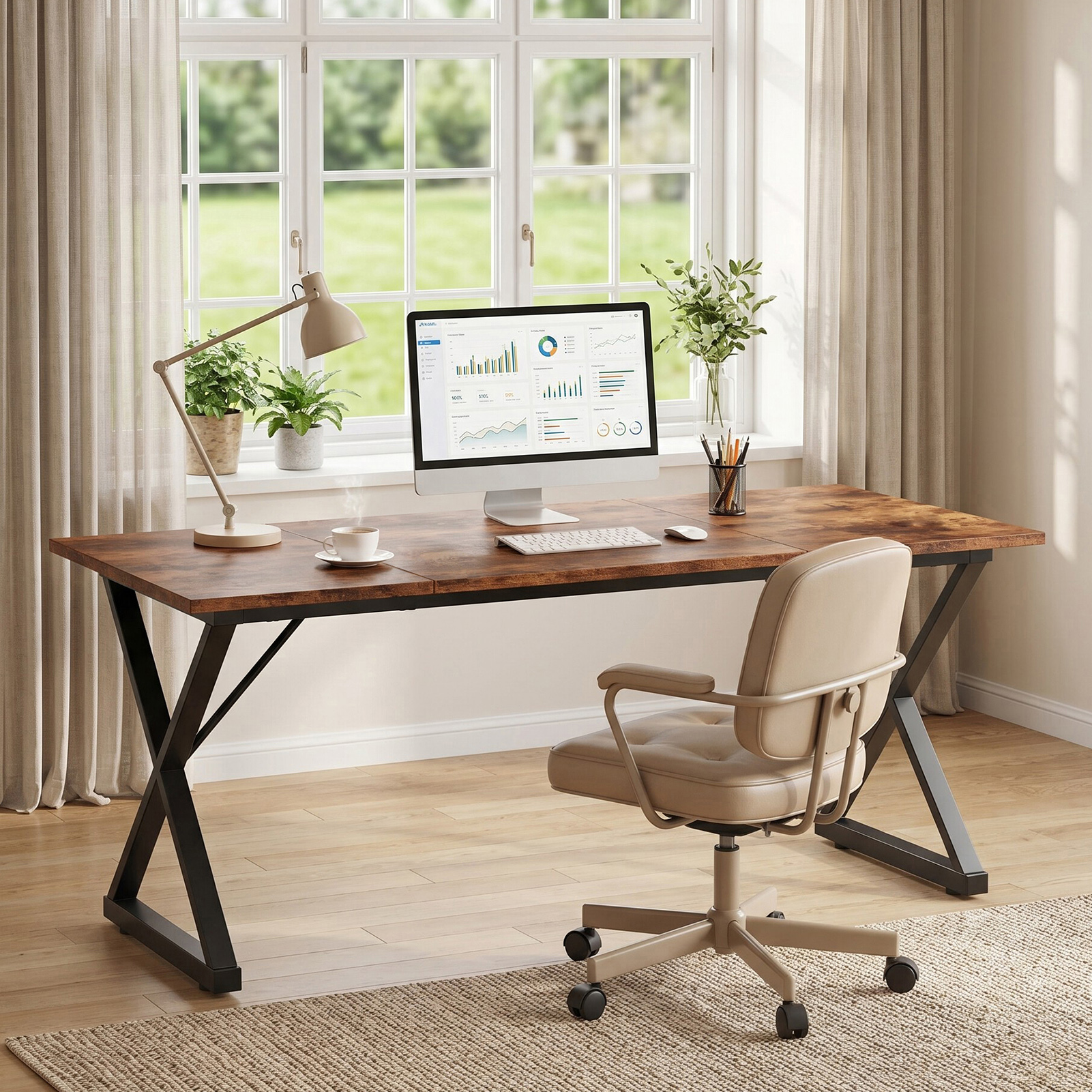 Bureau informatique bois, design ergonomique, pieds métal