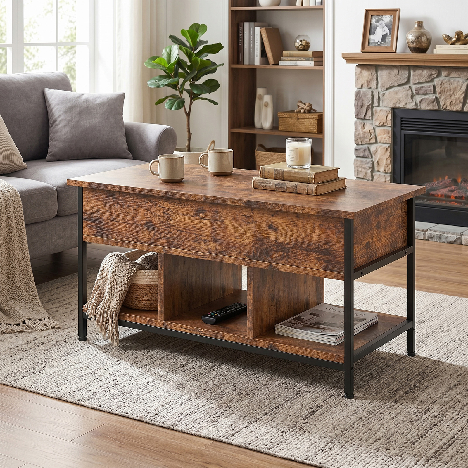 Table basse relevable compartiment caché rétro