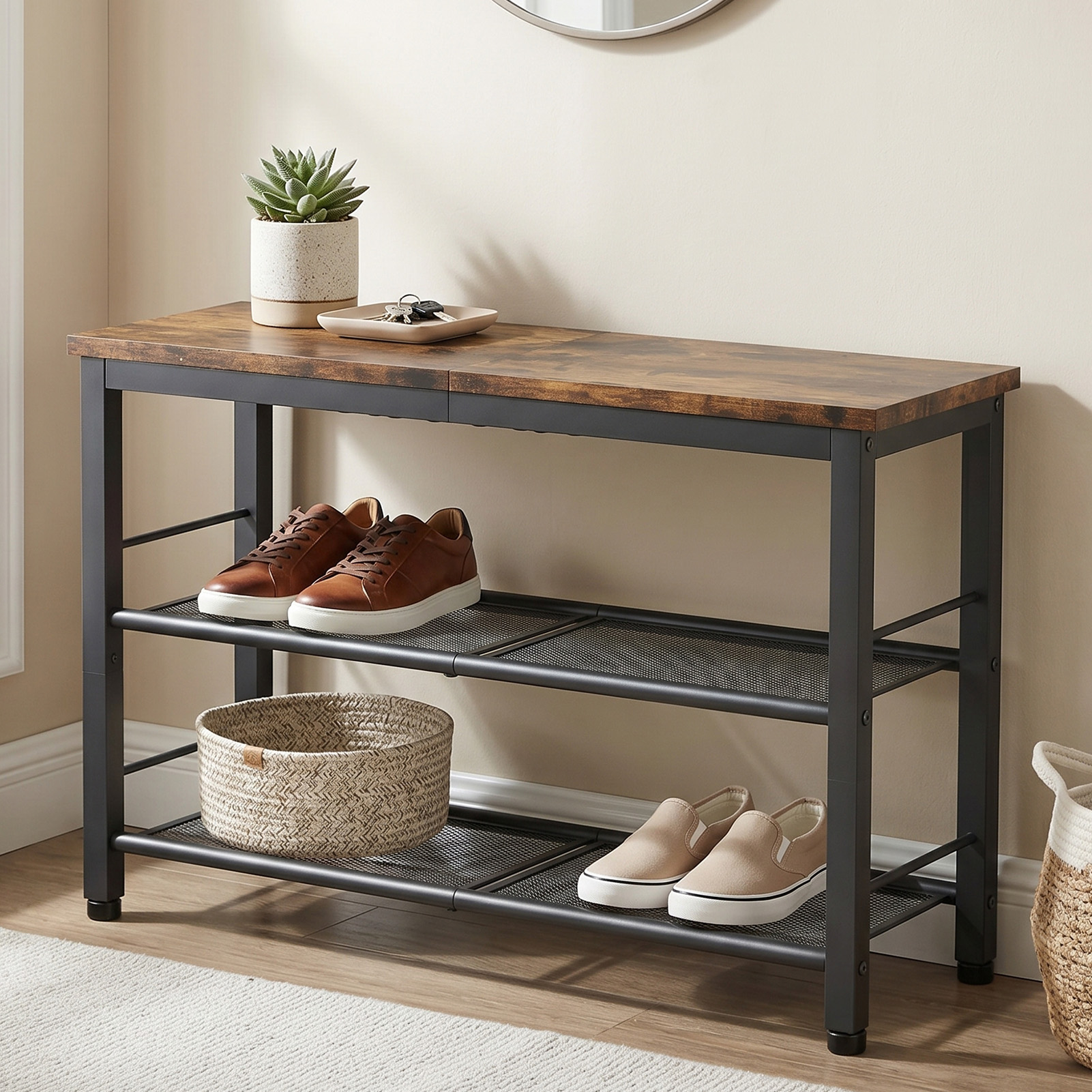 Banc chaussures bois 3 étages, structure métal, style industriel