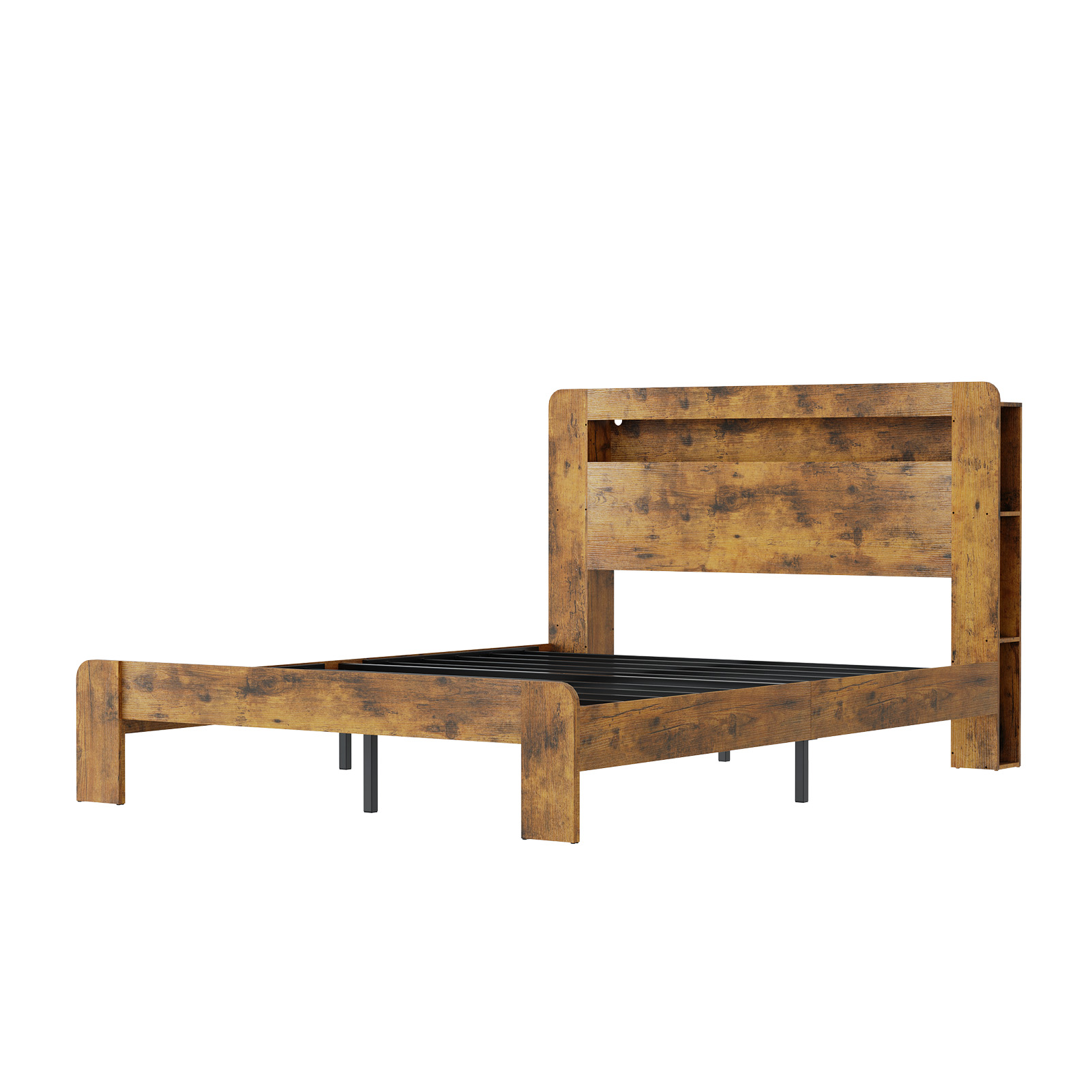 Lit plateforme queen rangement, tête lumière LED, marron rustique