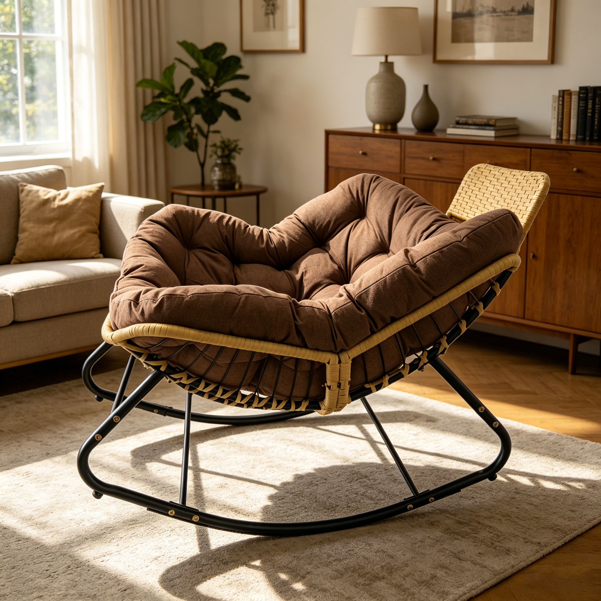 Chaise papasan 39,37 po, rotin tressé, coussin épais, brun