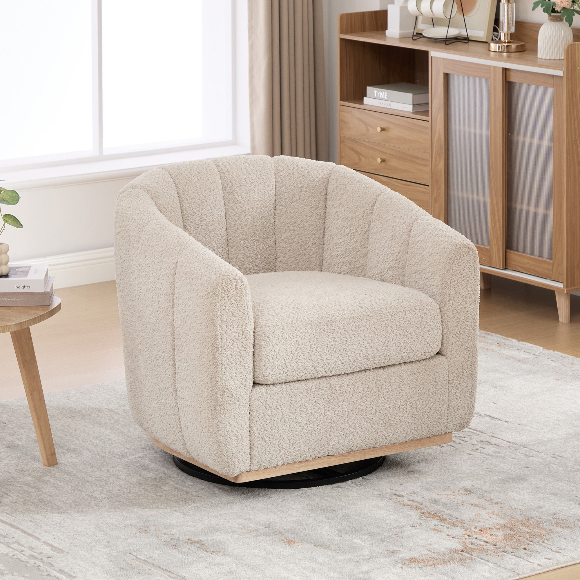 Chaise pivotante 360° chenille gris, base métal, fauteuil tonneau, forme citrouille