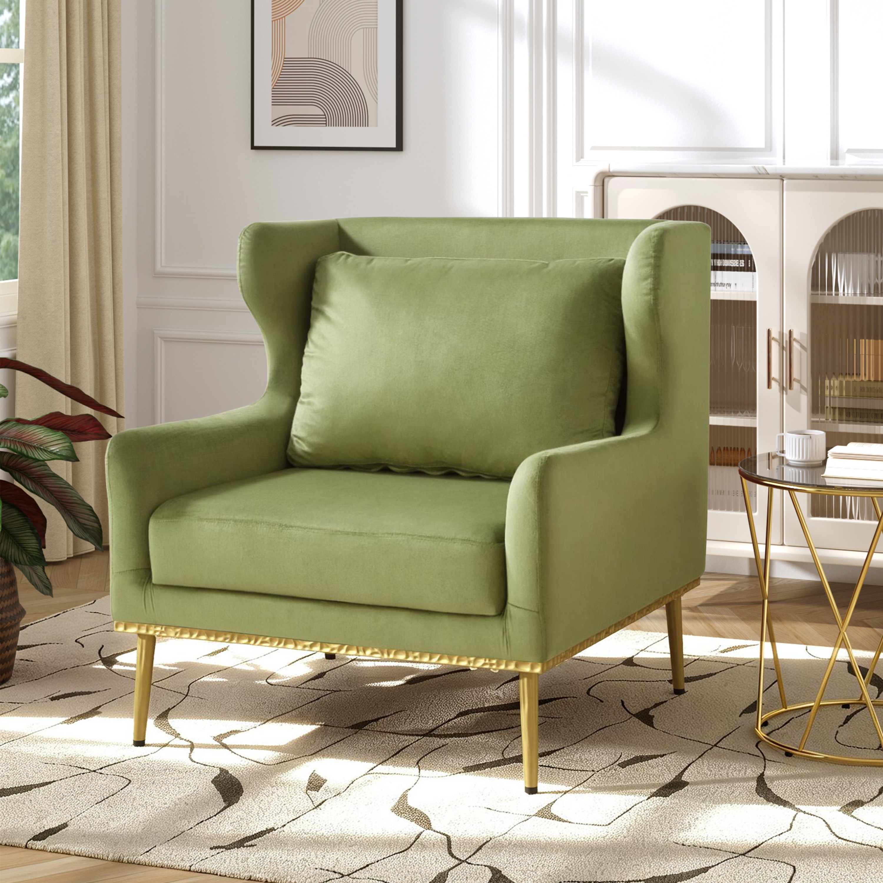 Fauteuil accent velours moderne, chaise lecture chambre vert