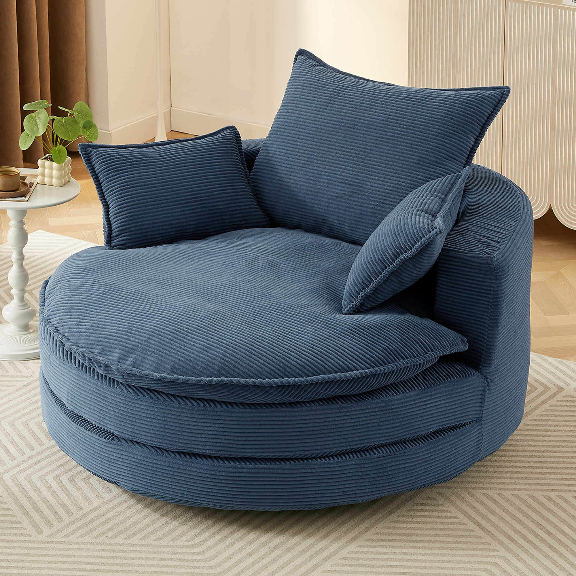 Fauteuil pivotant 360° tonneau 57,5" coussin double couche 3 oreillers bleu
