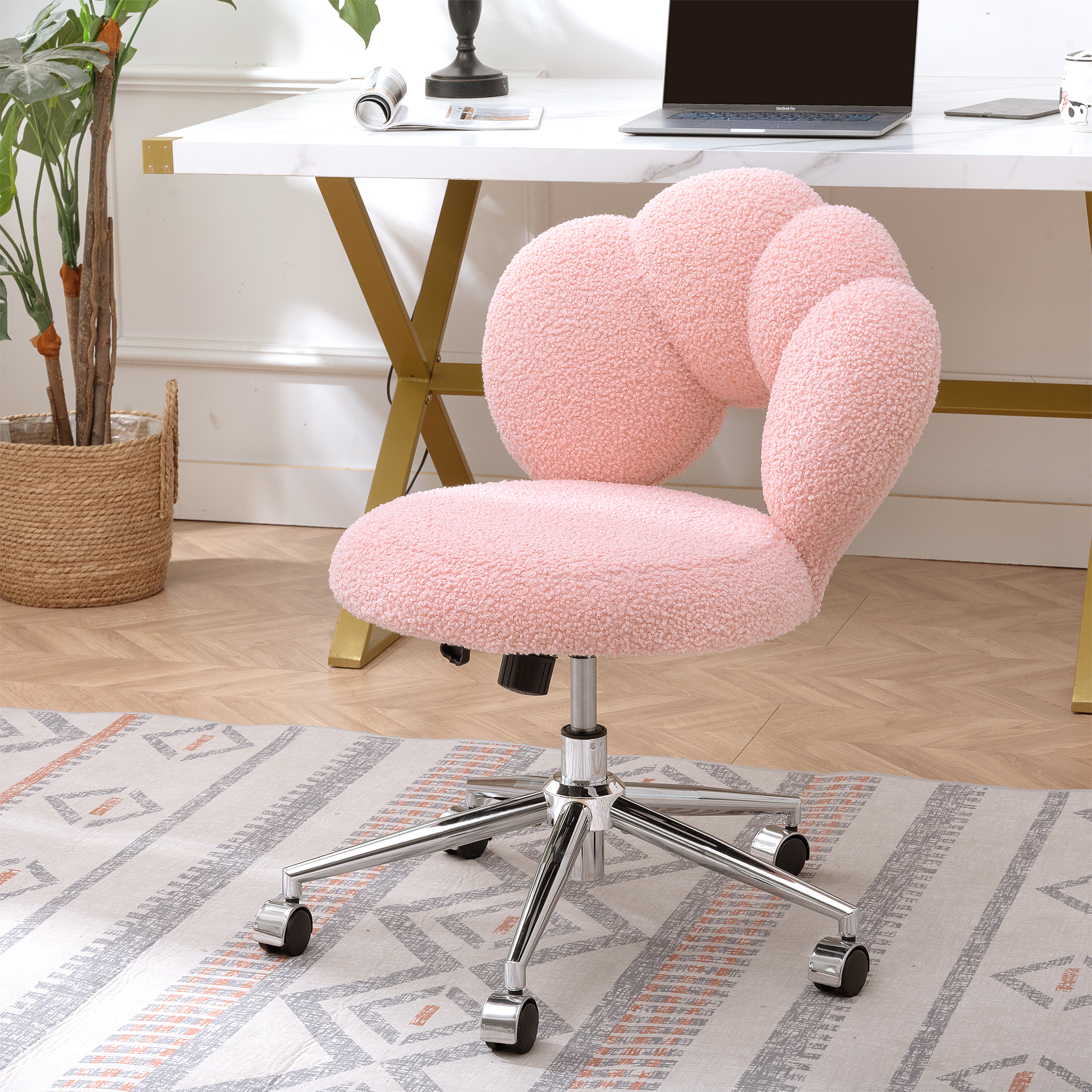 Chaise pivotante ajustable 360°, tissu Teddy, bureau à domicile