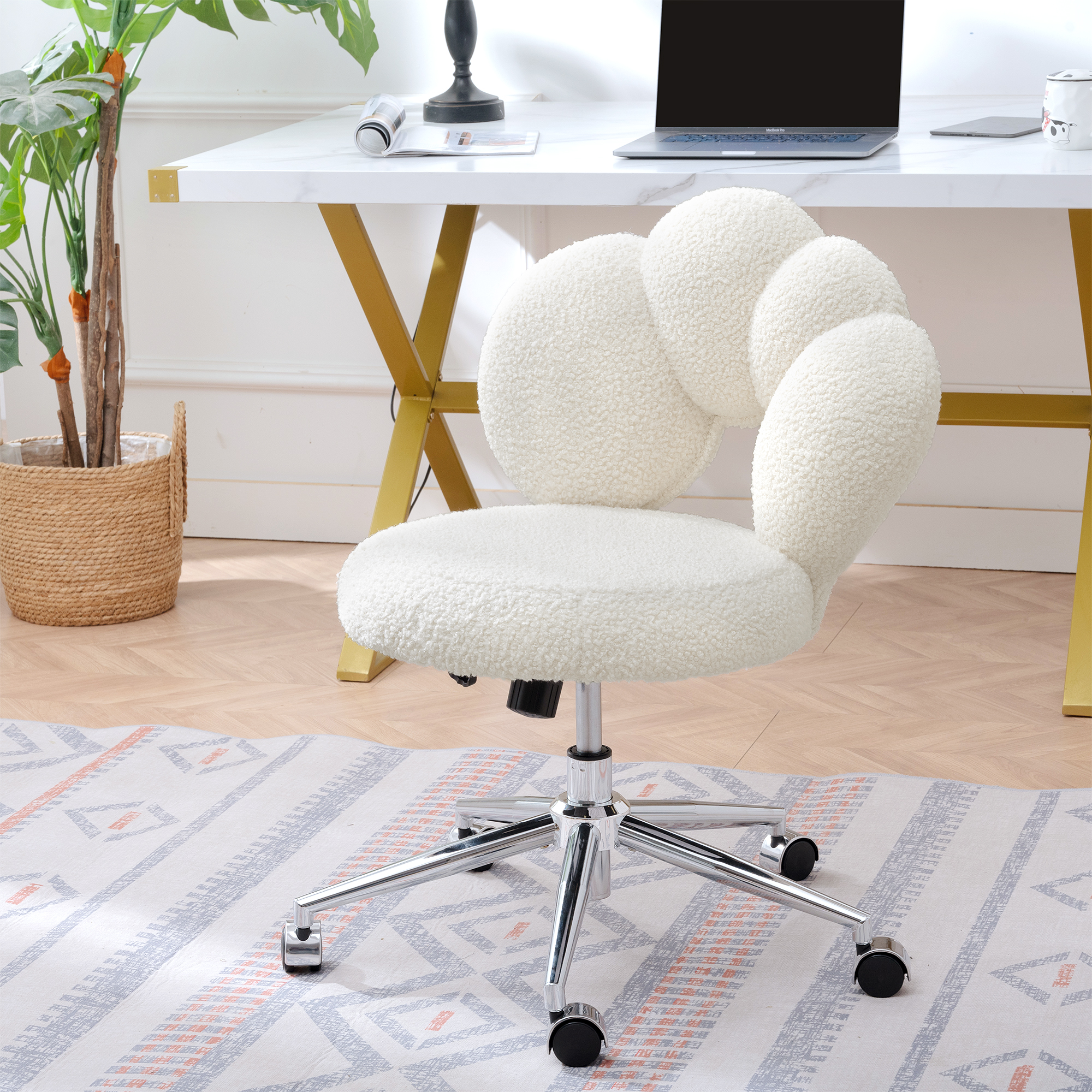 Chaise pivotante ajustable 360°, tissu Teddy, bureau à domicile