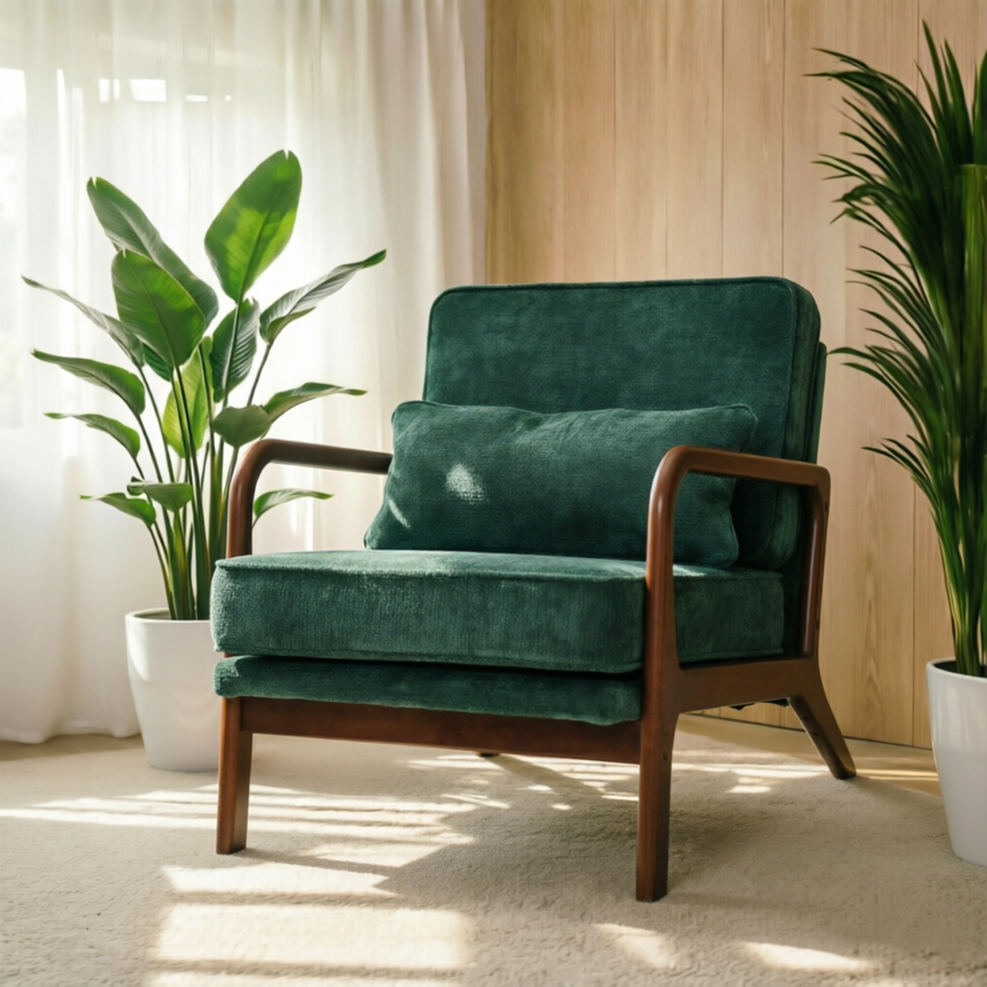 Fauteuil lounge mi-siècle, accoudoirs bois, coussin lombaire, vert foncé