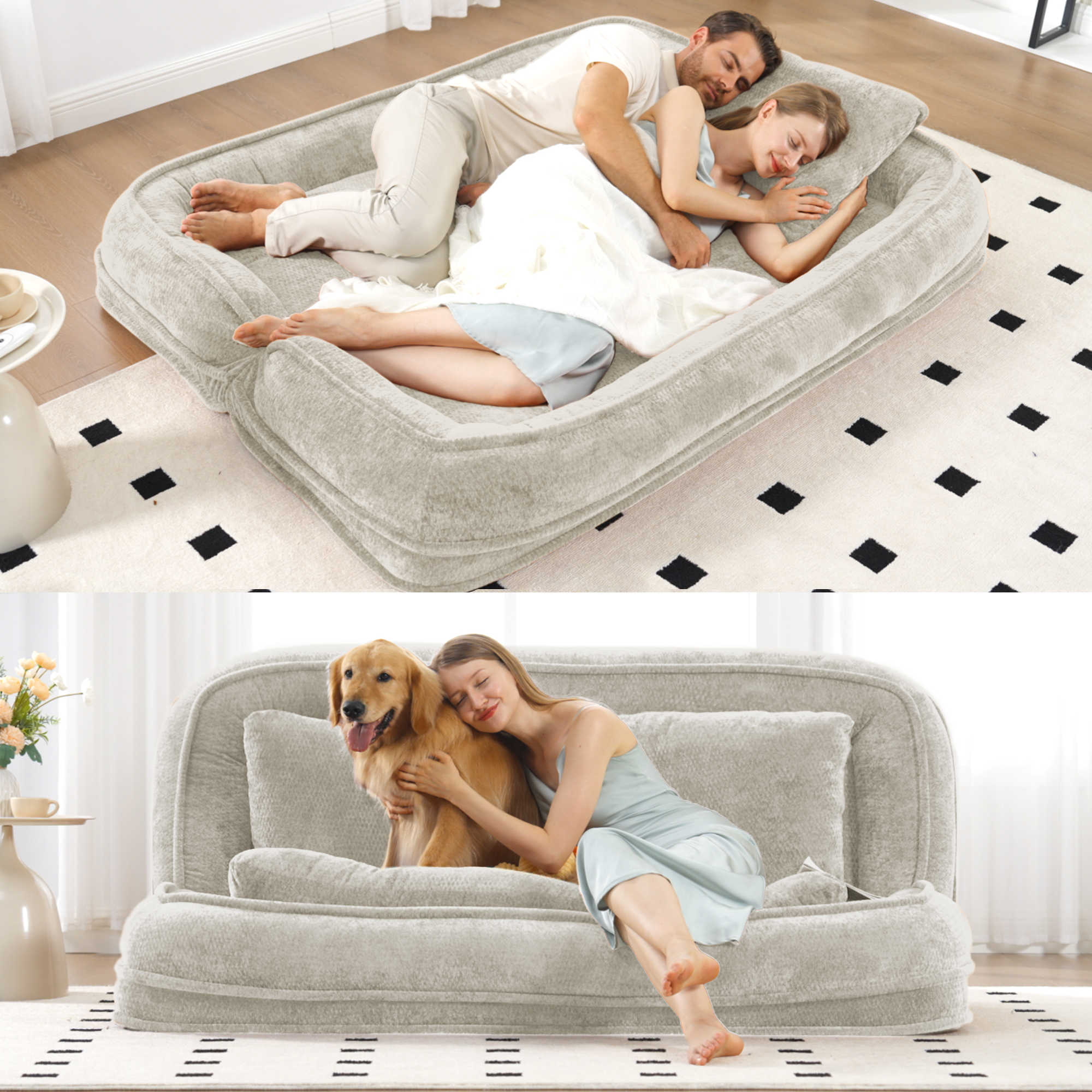 Lit chien/humain 2 places beige chenille - Position ajustable