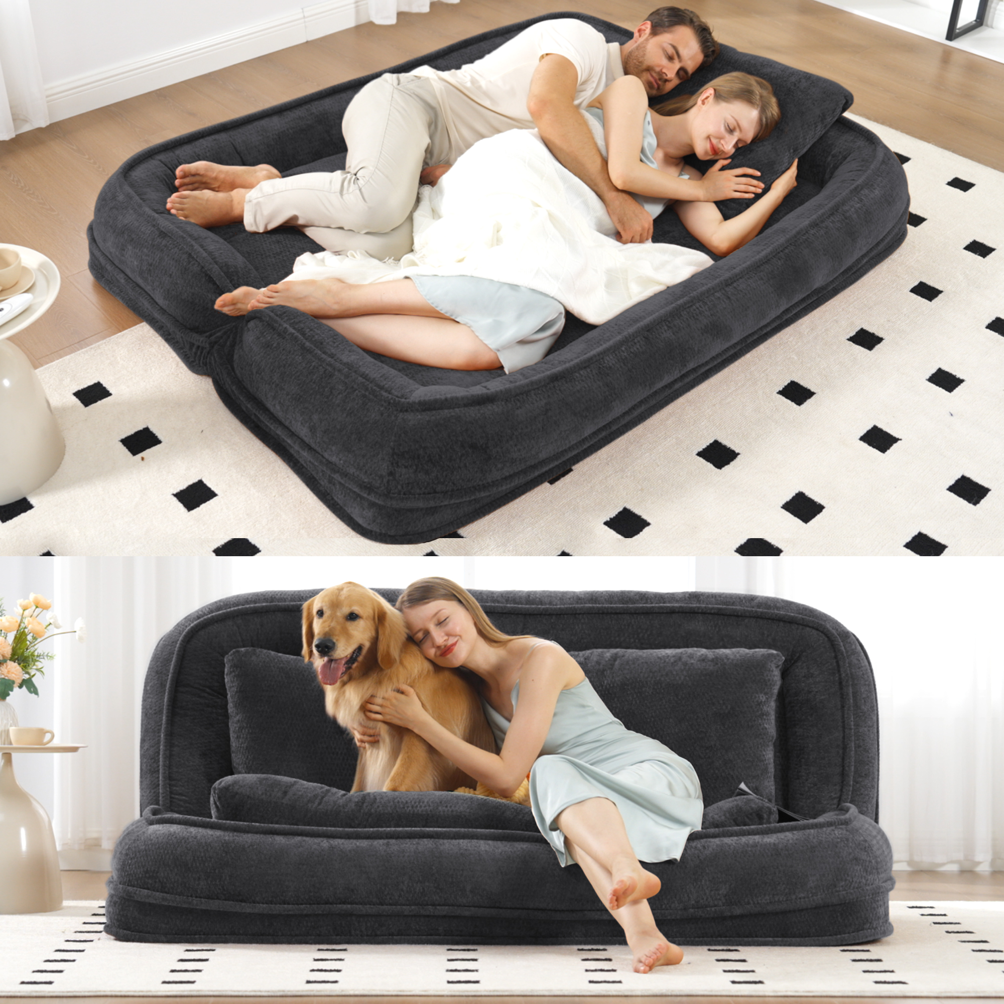 Lit chien/humain 2 places noir chenille - Position ajustable
