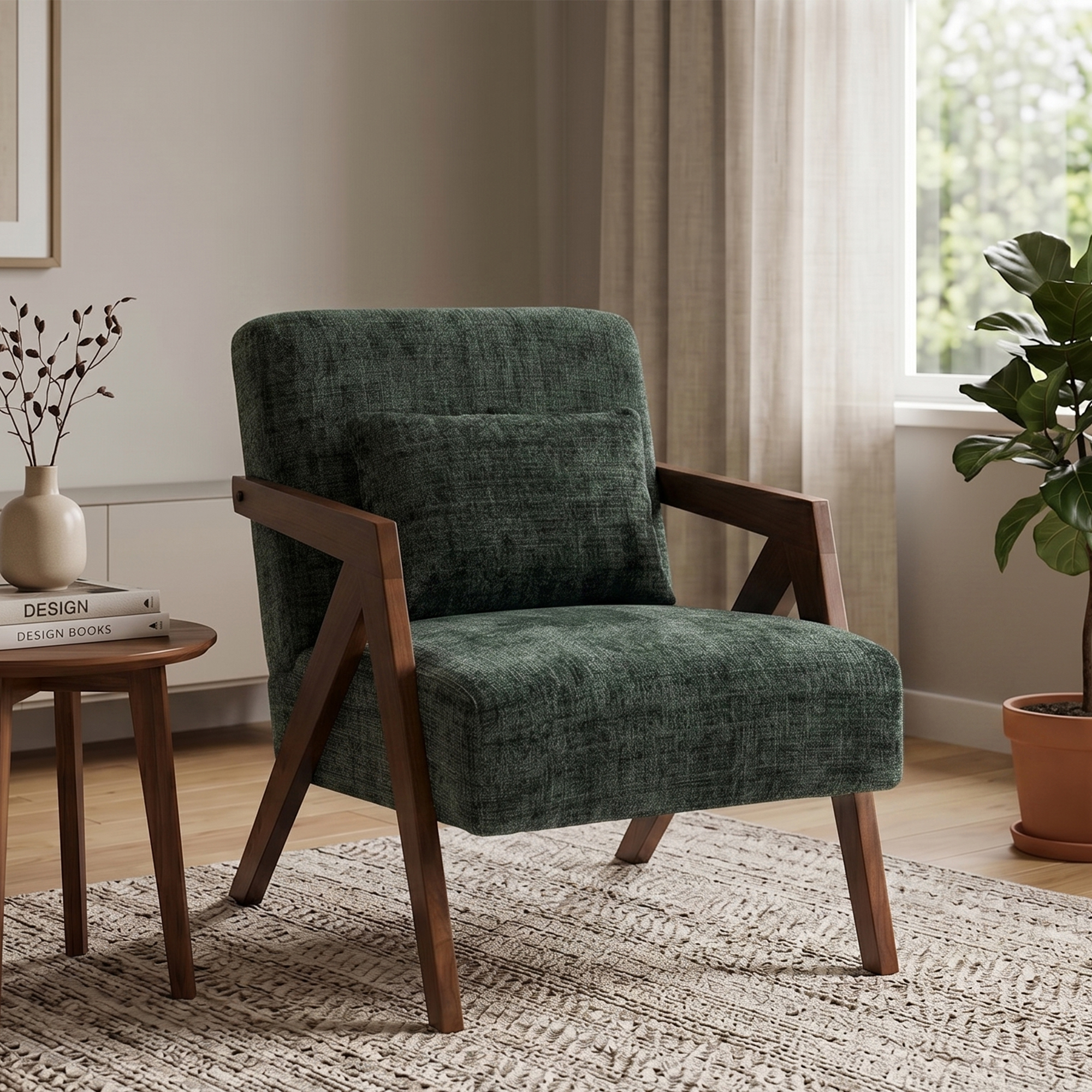 Chaise accent mi-siècle velours chenille bois massif