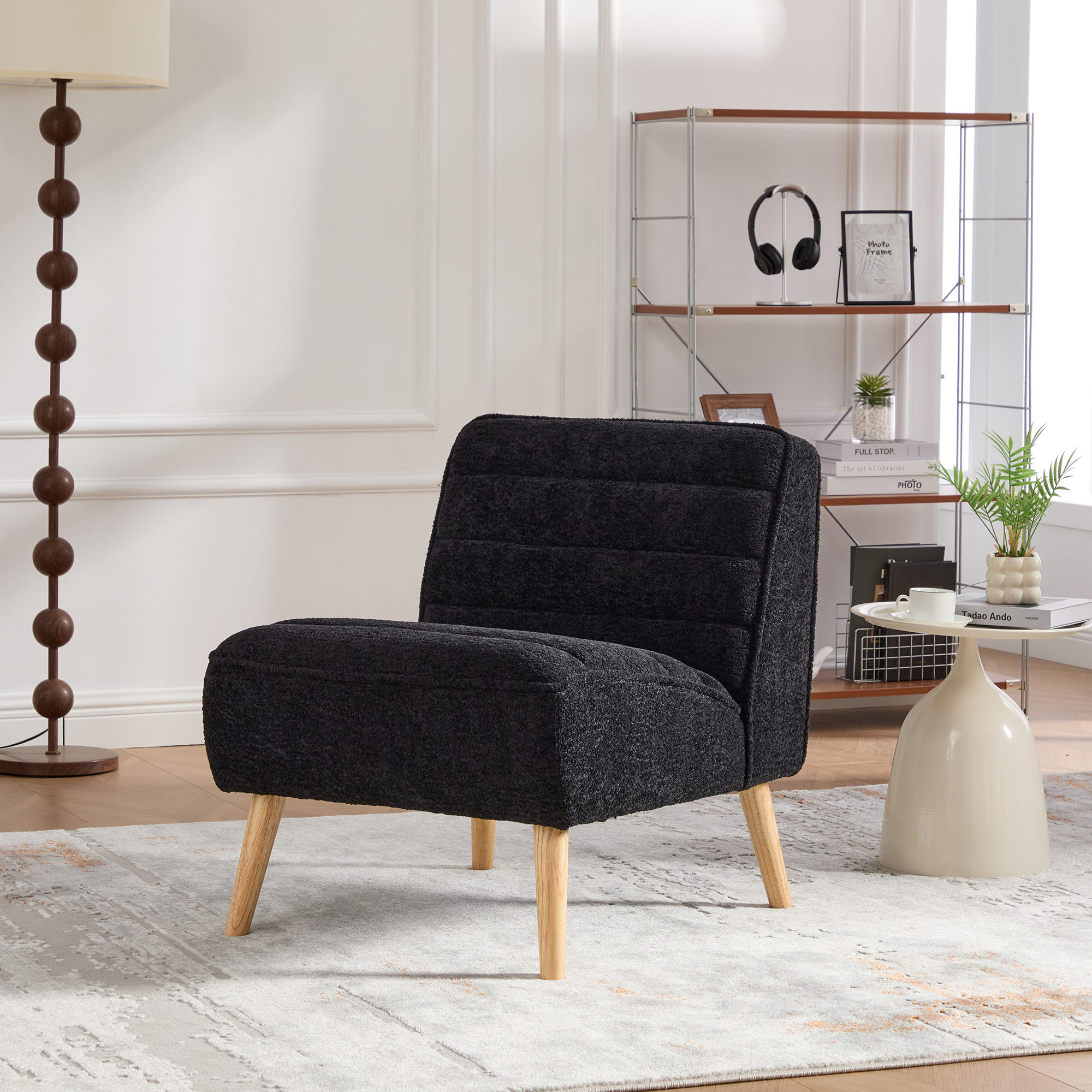 Fauteuil noir 24,4po sans bras chenille, bois caoutchouc