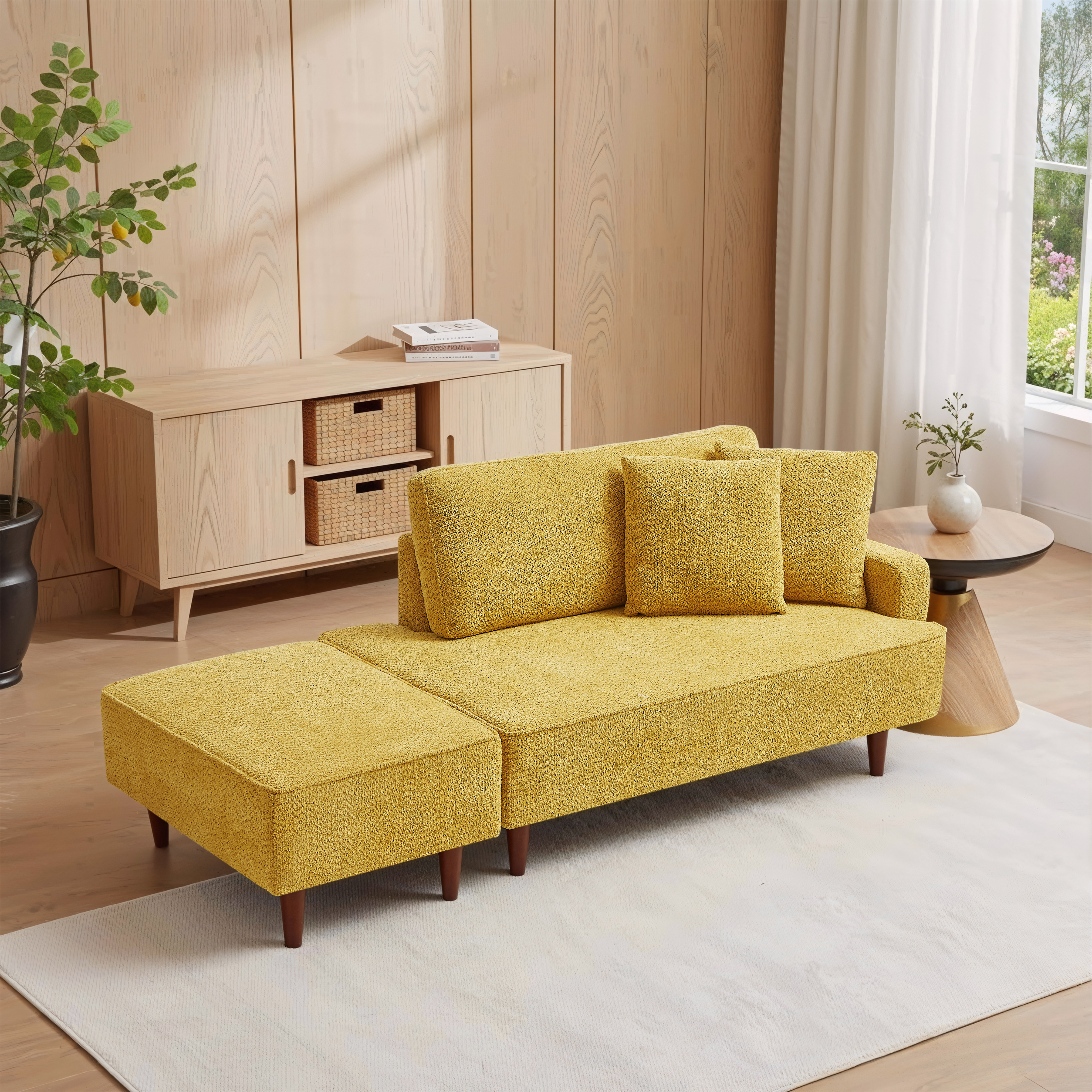 Méridienne intérieure tissu bouclé, ottomane, 2 coussins