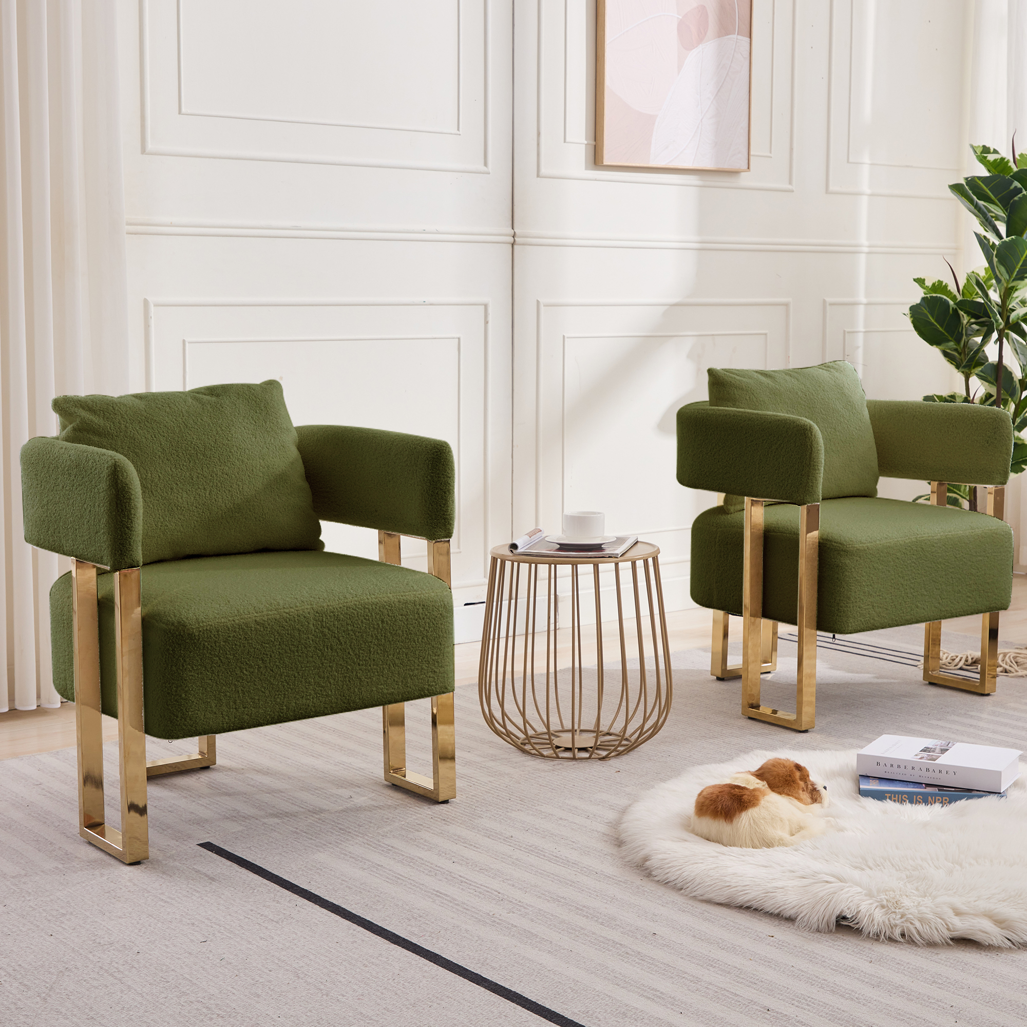 Chaise décorative TS métal doré, velours teddy 2 pc vert