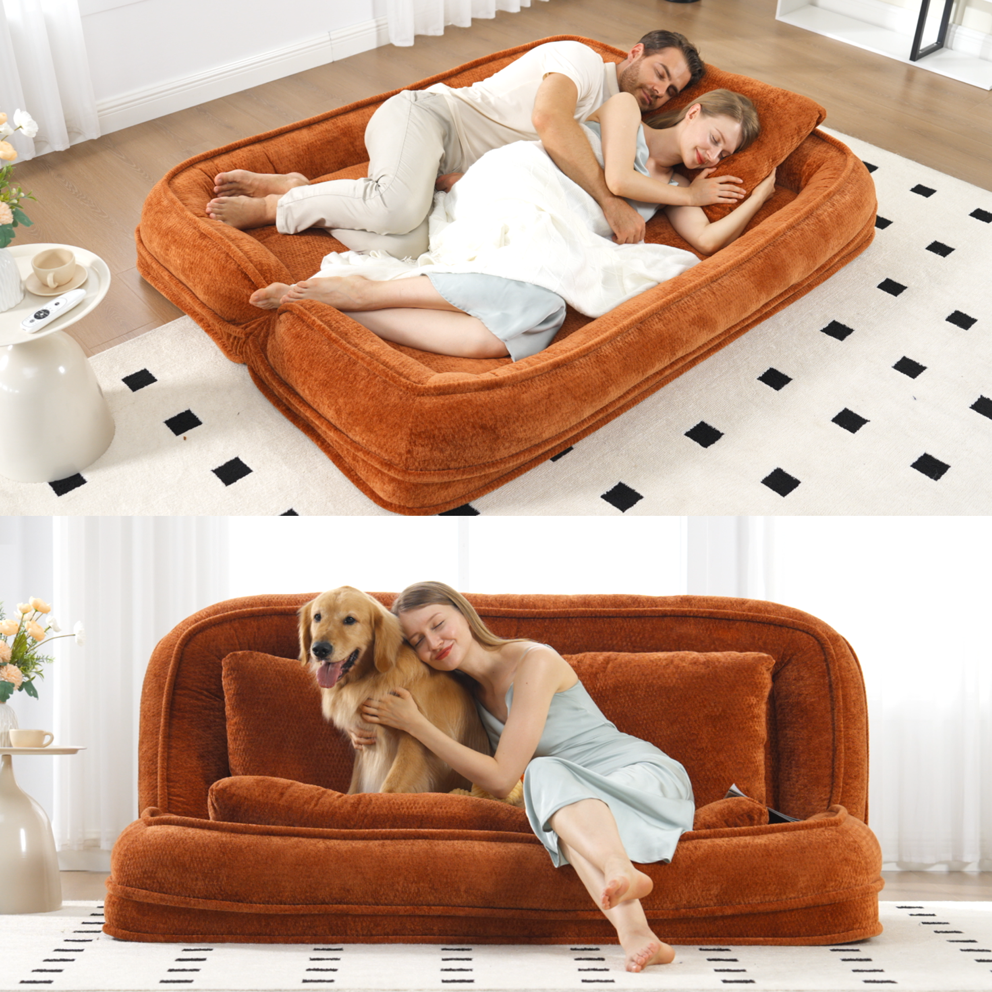 Lit double humain-chien, canapé paresseux, 5 positions, chenille orange