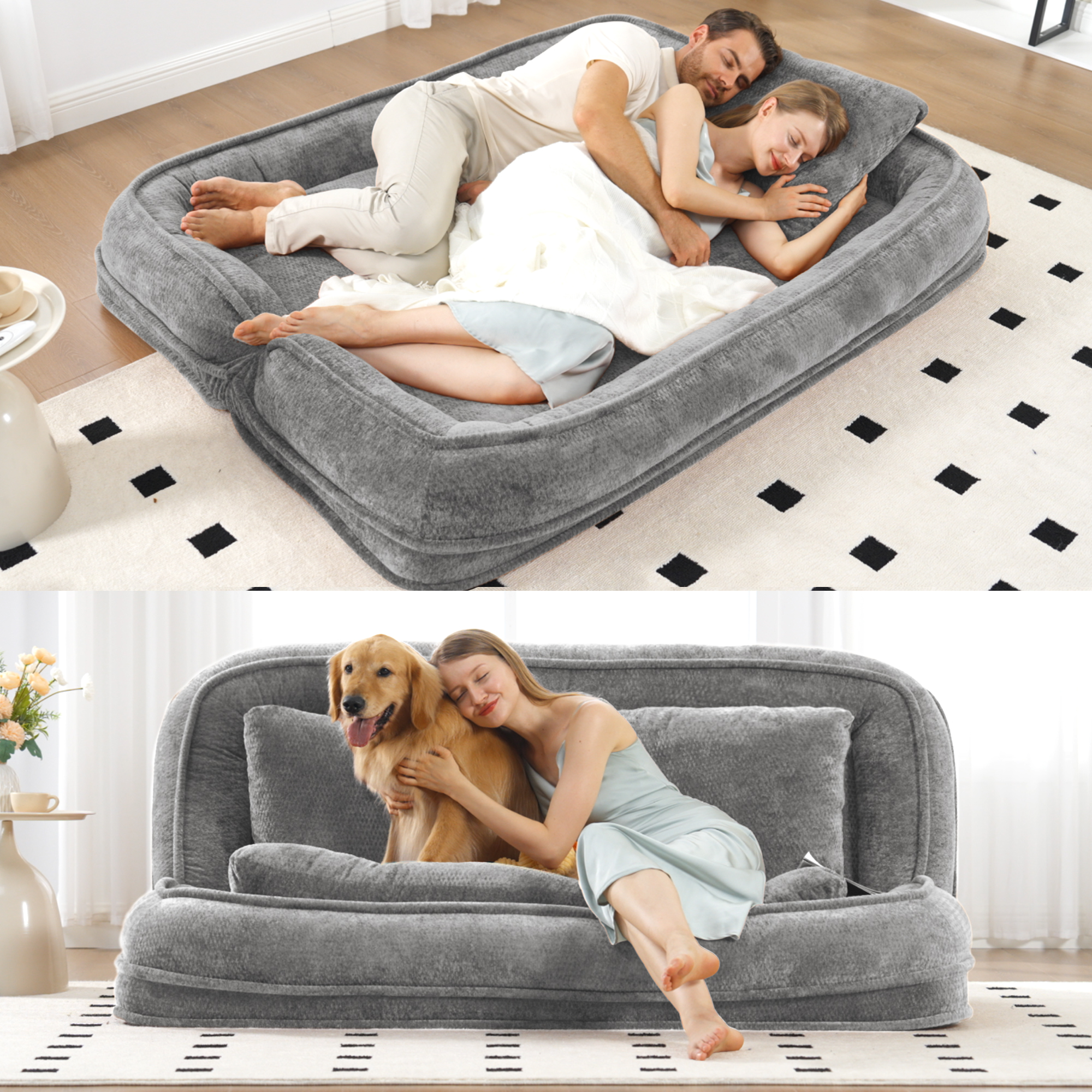 Lit chien/humain 2 places gris chenille - Position ajustable