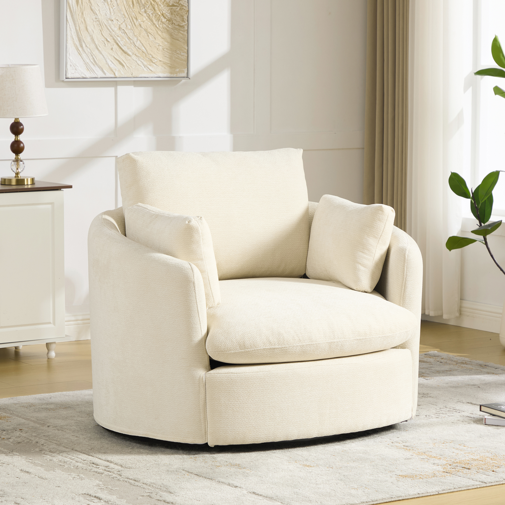 Fauteuil tonneau pivotant 42,52po, chenille beige, 3 coussins