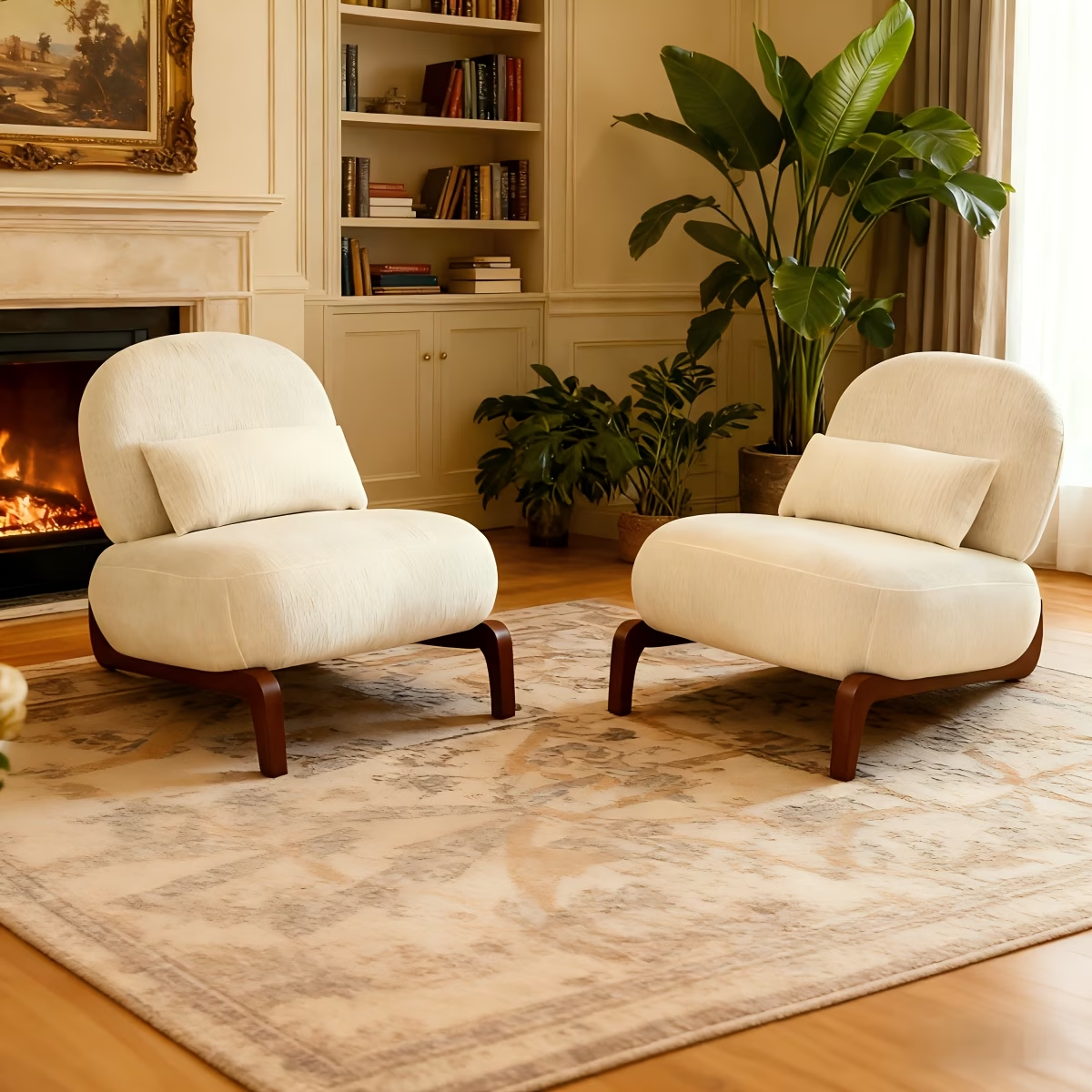 Ensemble 2 fauteuils accent bois jambes tissu blanc