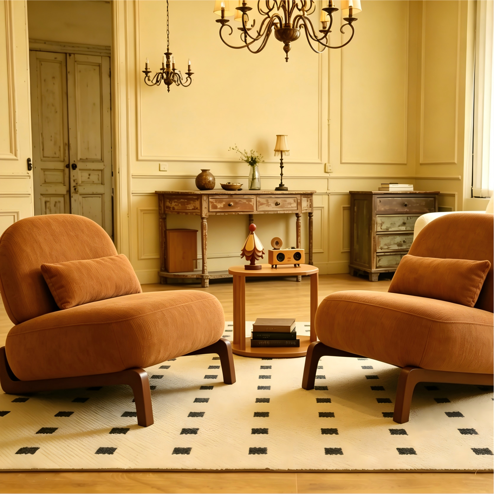 Lot 2 fauteuils accents bois jambes tissu caramel