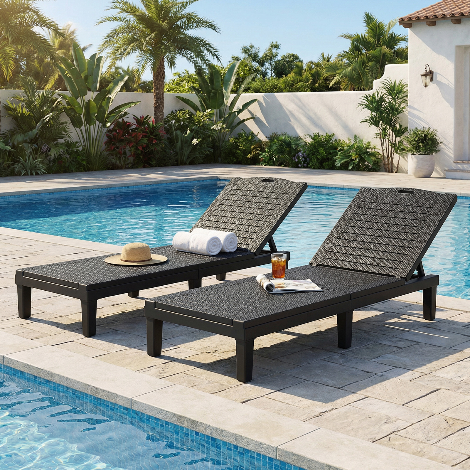 2 Chaises longues piscine 5 positions ajustables noir