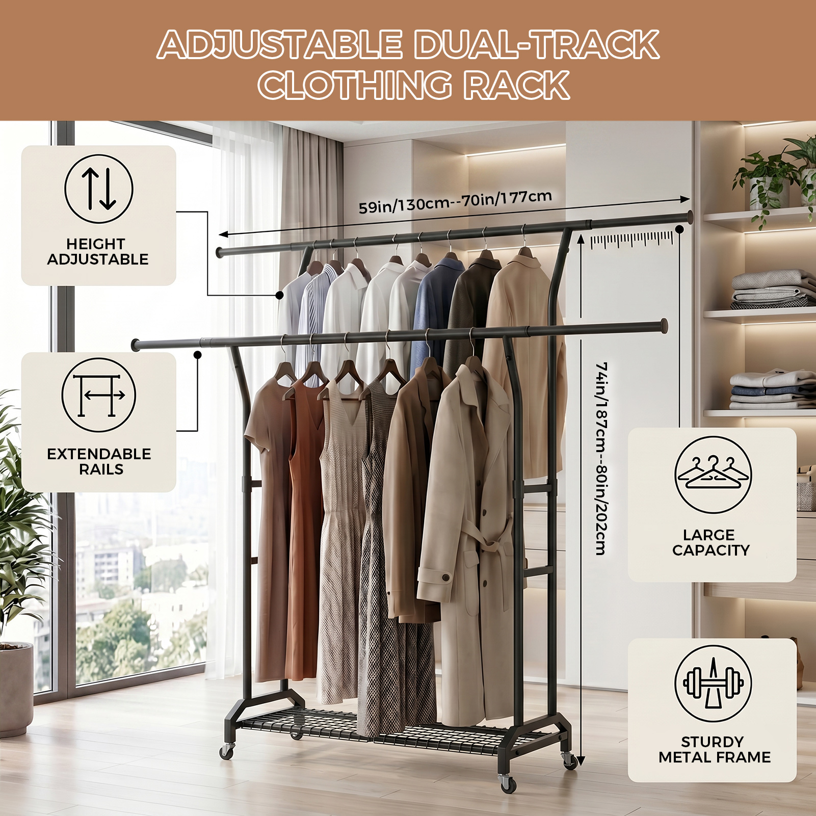 Portant vêtements noir ajustable, tiges extensibles, roulettes