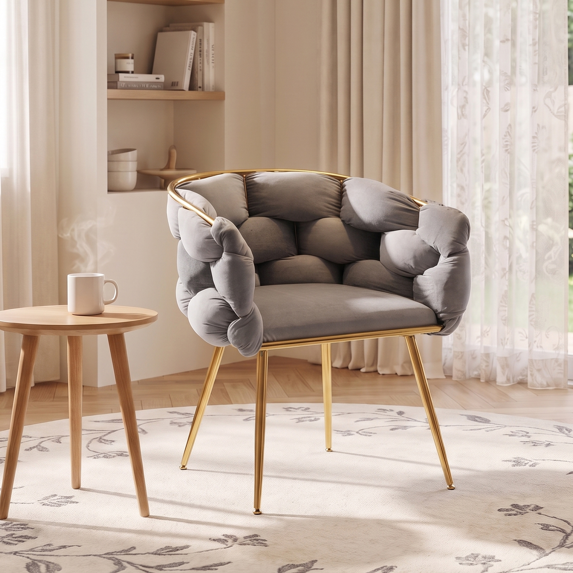 Chaise sofa velours gris, pieds métalliques, dossier