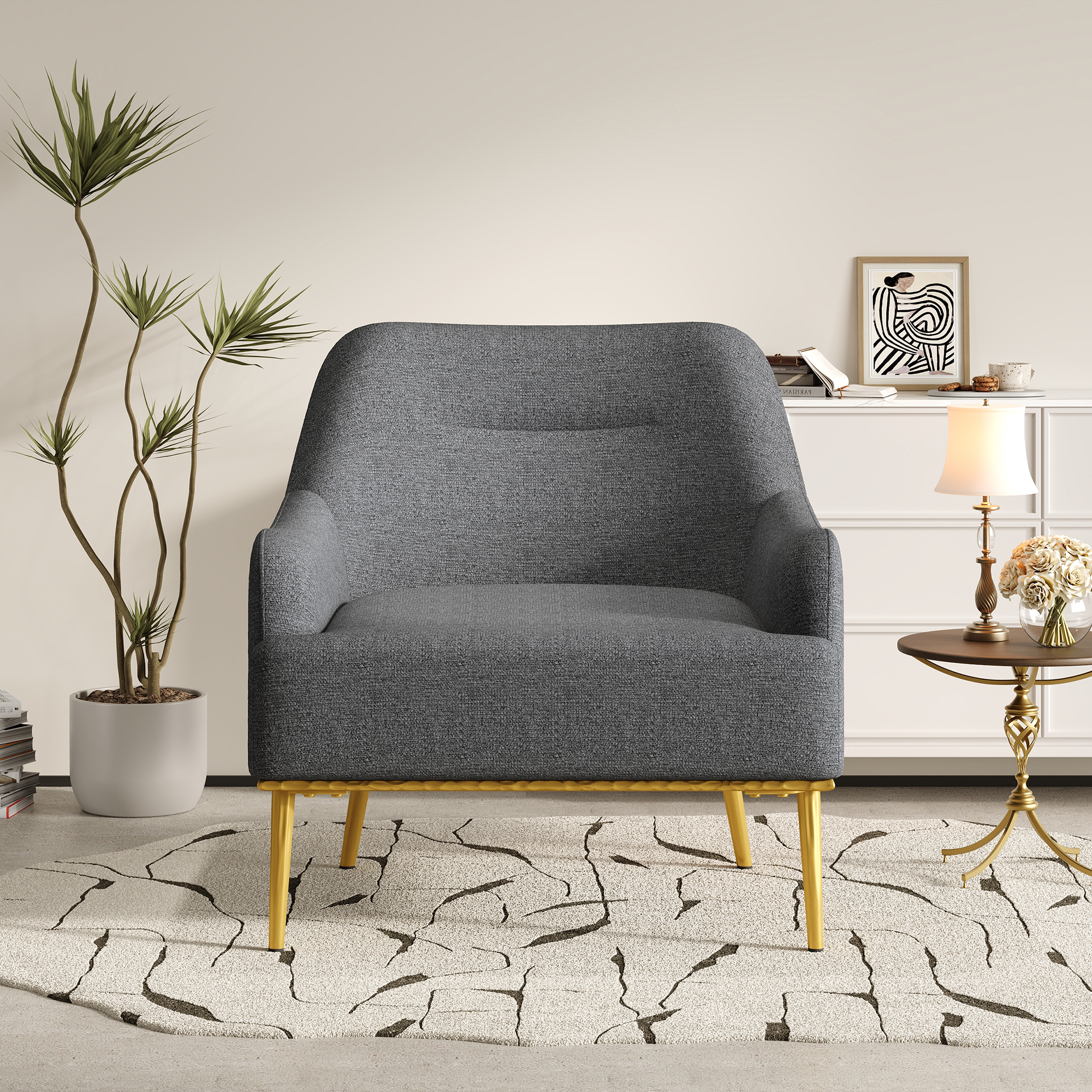 Fauteuil accent moderne tissu dossier incurvé pieds or gris foncé