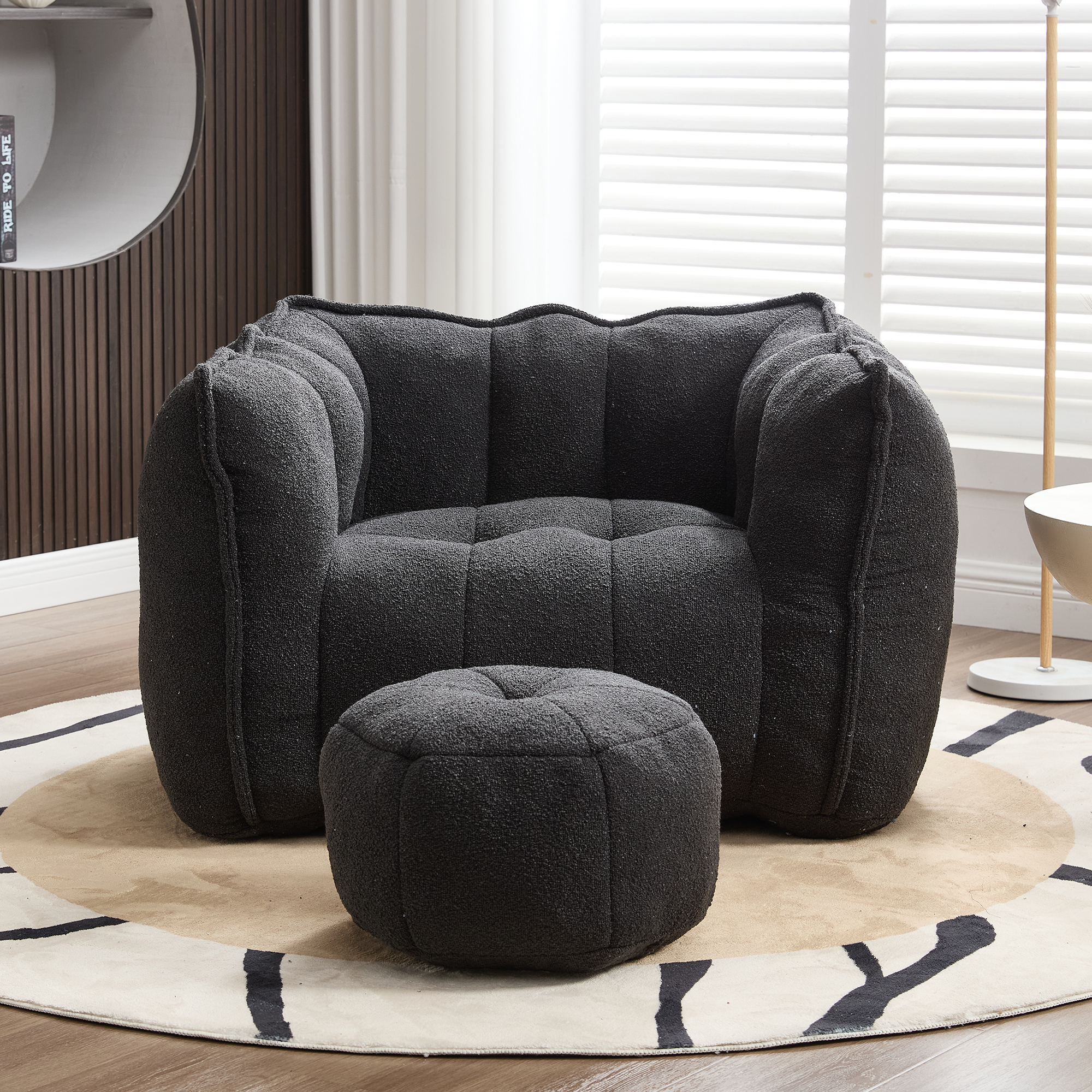 Fauteuil pouf mousse résiliente, repose-pied, couverture amovible