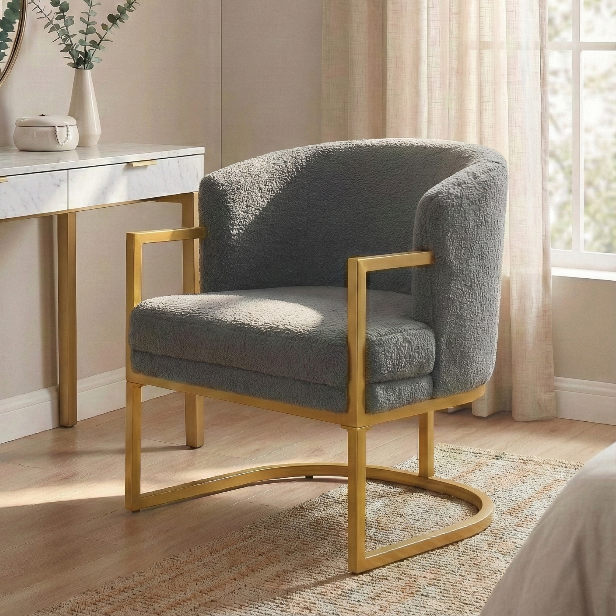 Fauteuil accent moderne gris, Cadre métal doré