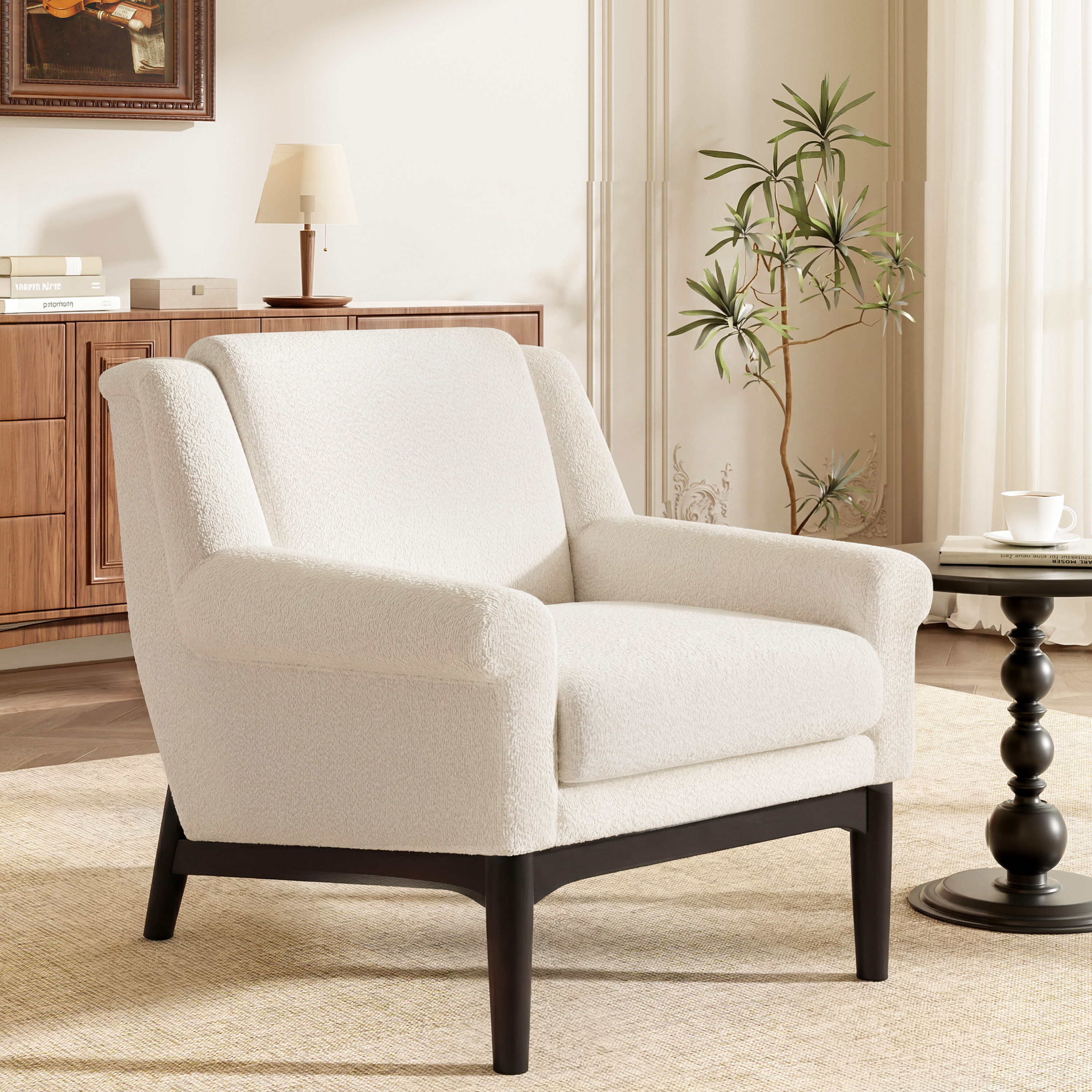 Fauteuil accent bras évasés, chaise lounge milieu siècle, bois massif
