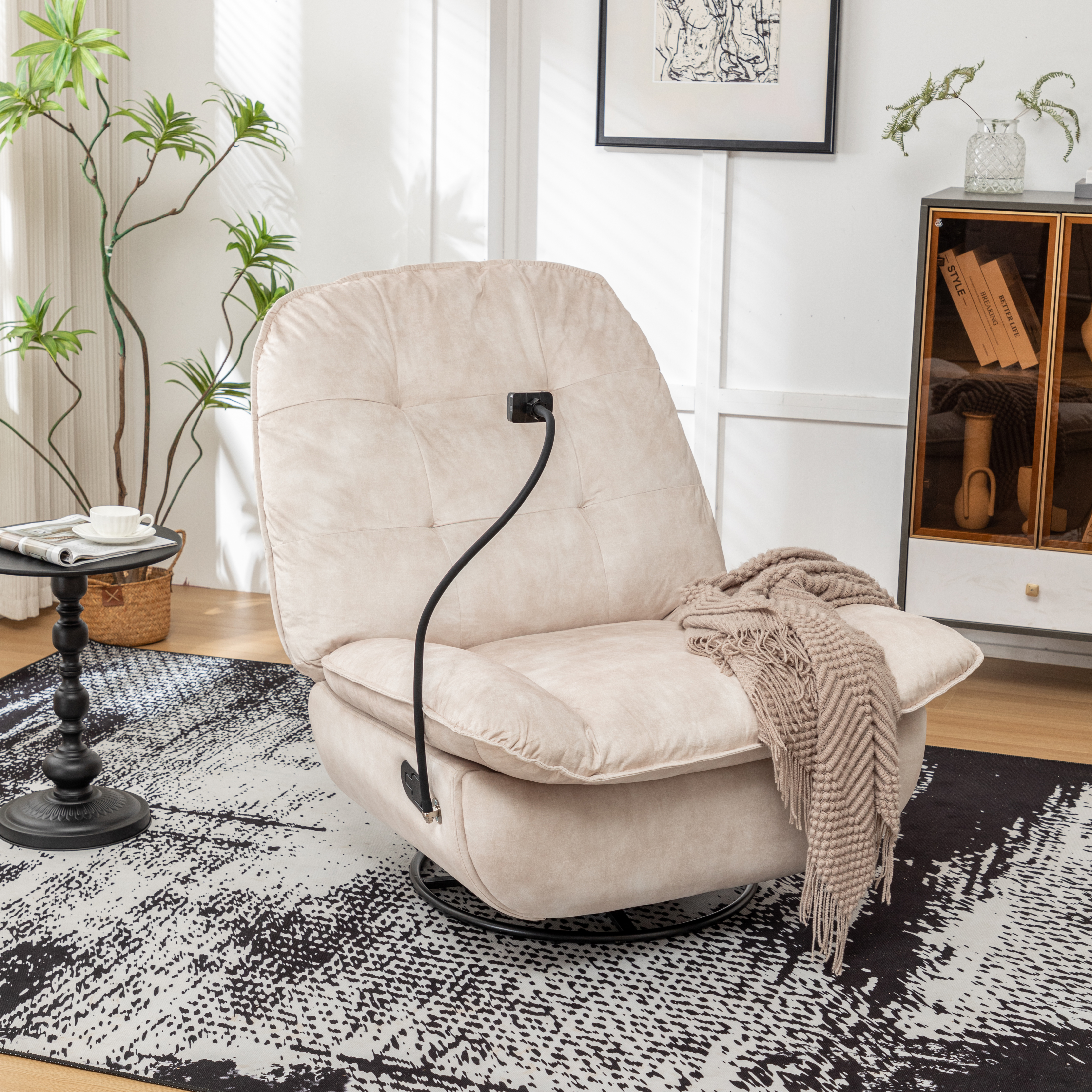 Fauteuil inclinable ivoire, chaise lecture velours, or, pivotant