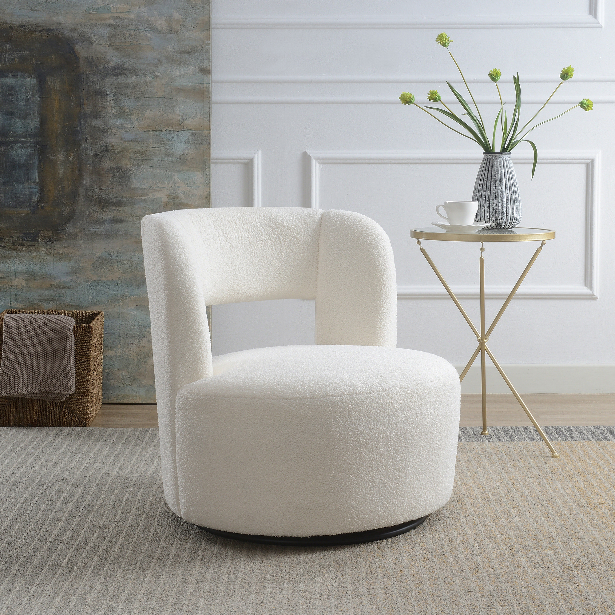 Chaise tonneau pivotante tissu teddy crème