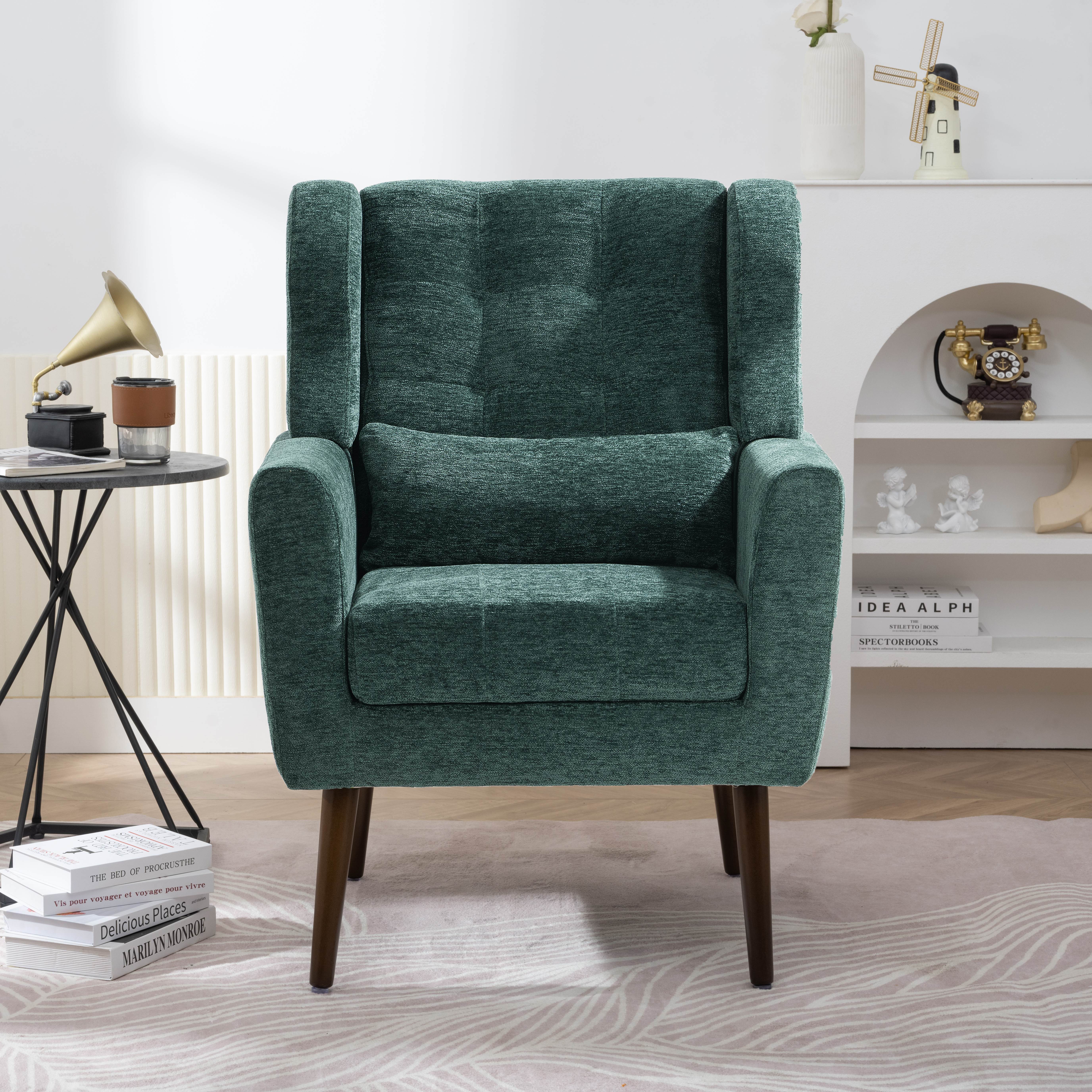 Fauteuil Accent Moderne Chenille Vert Foncé Pieds Bois Coussin